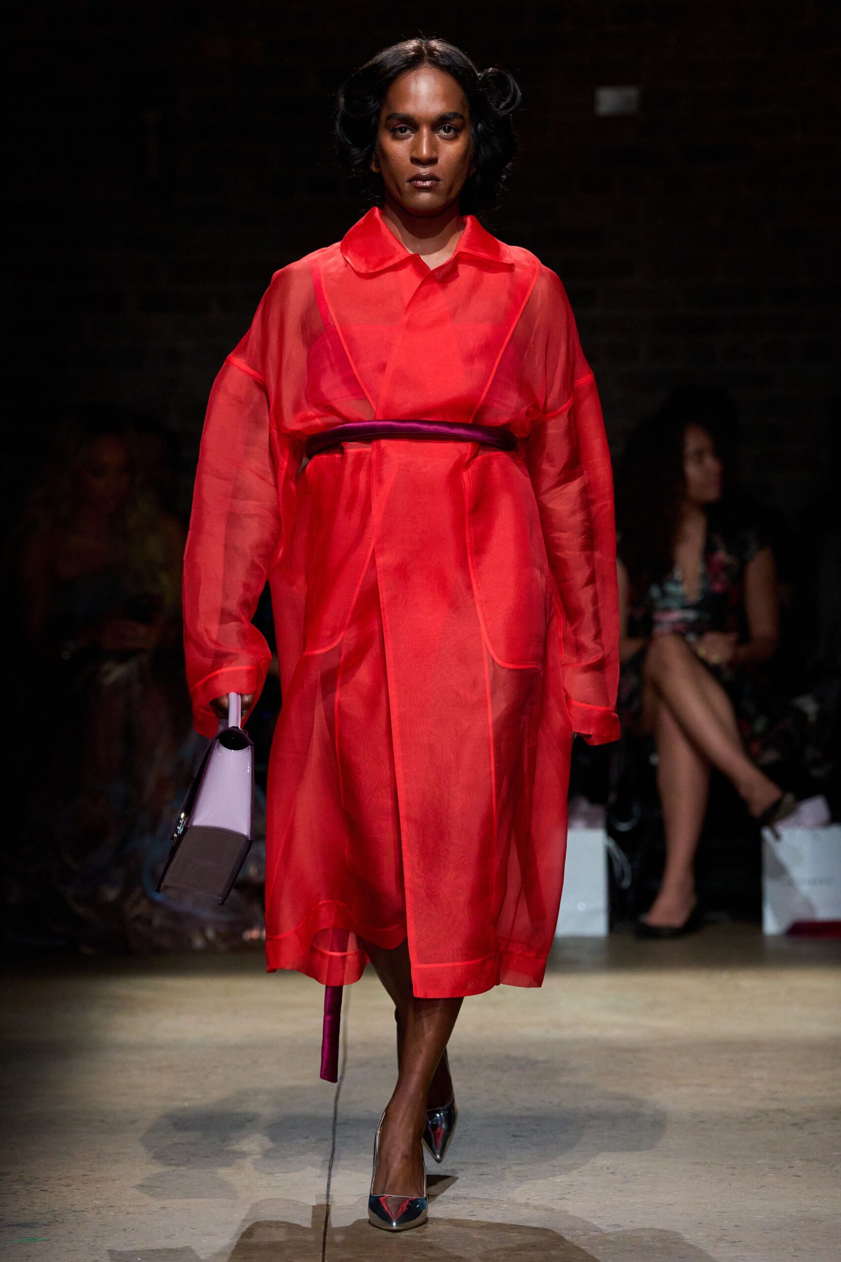 red silk long-sleeve collared relaxed layered sheer dress