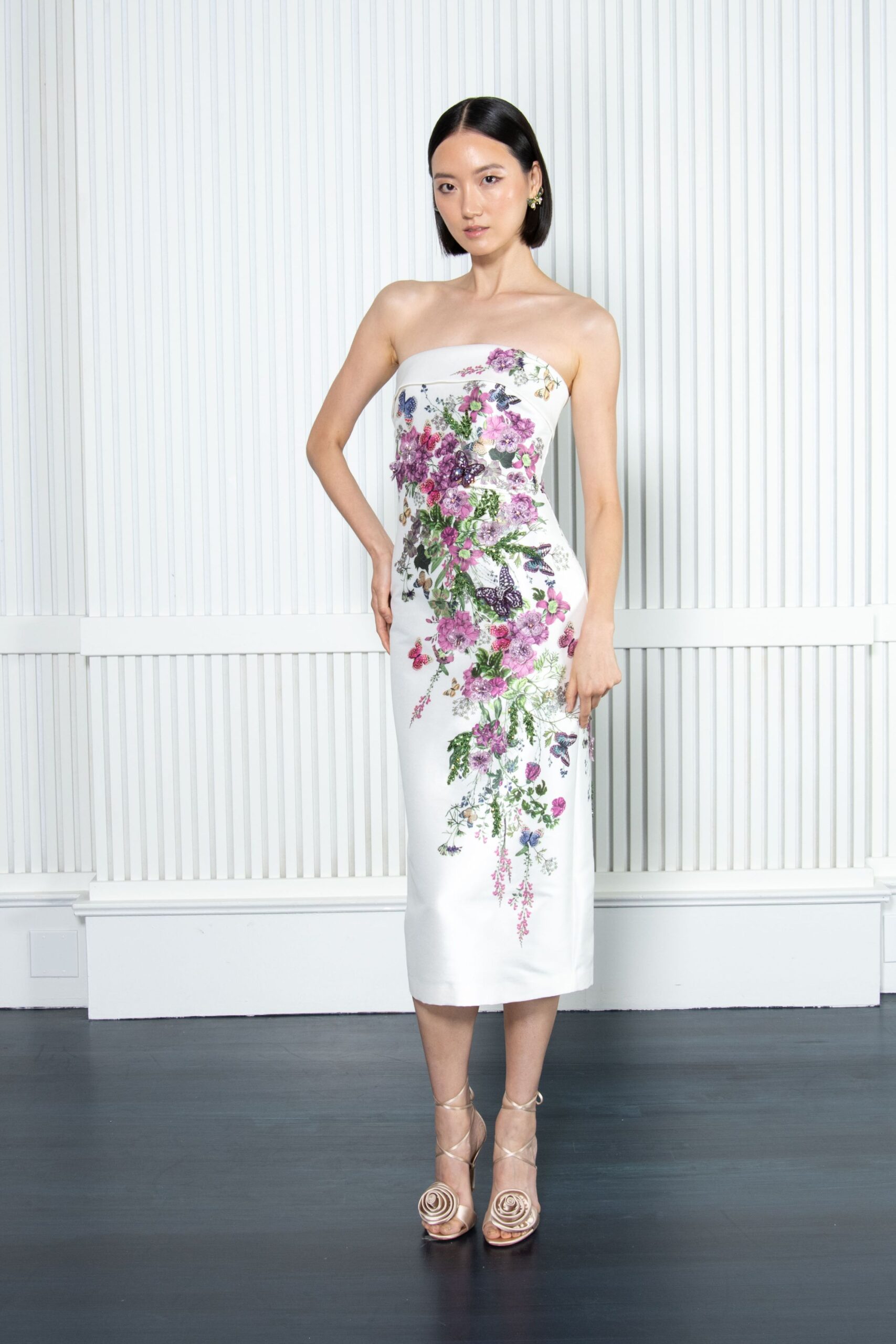 white embroidered strapless dress