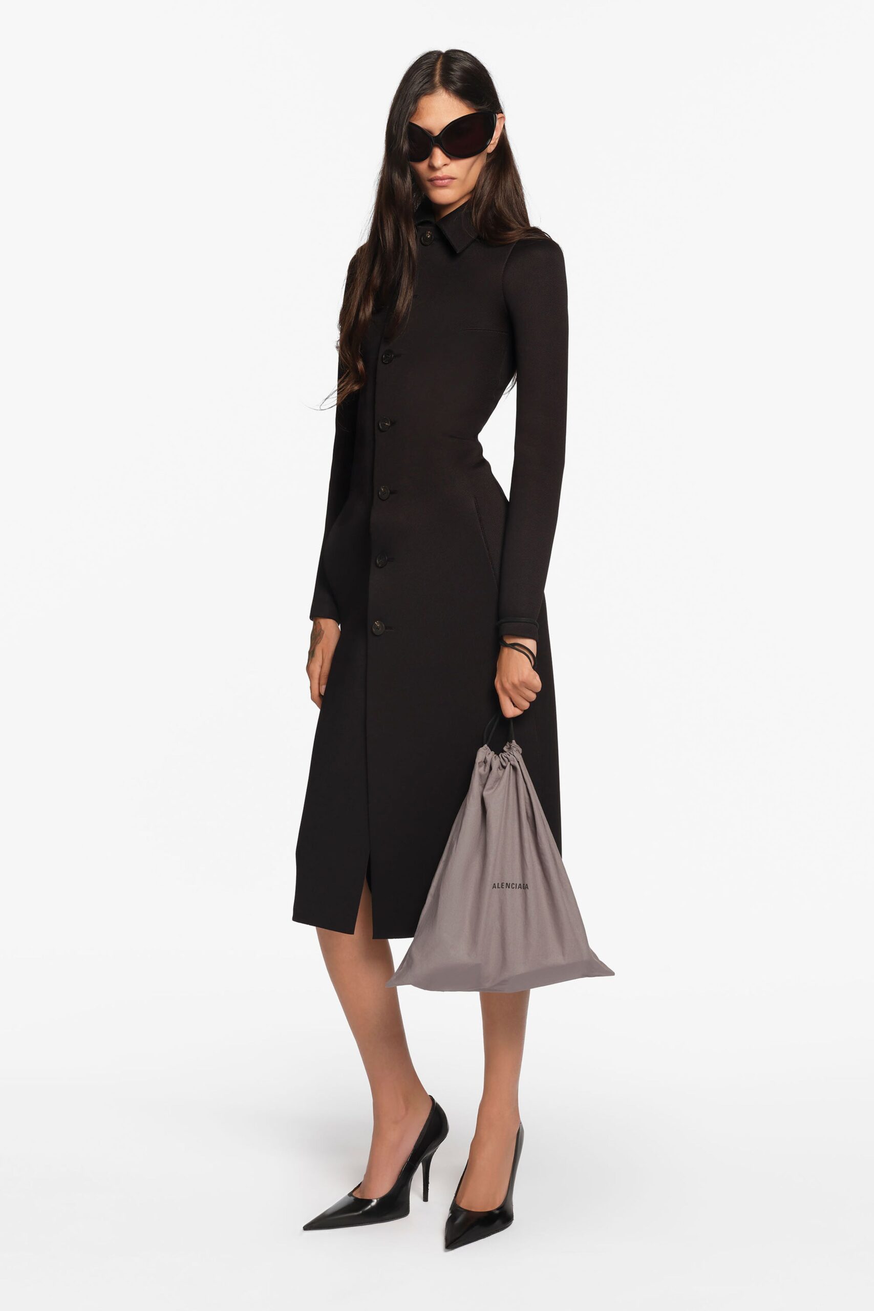 black wool long-sleeve collared fitted buttoned pockets dress