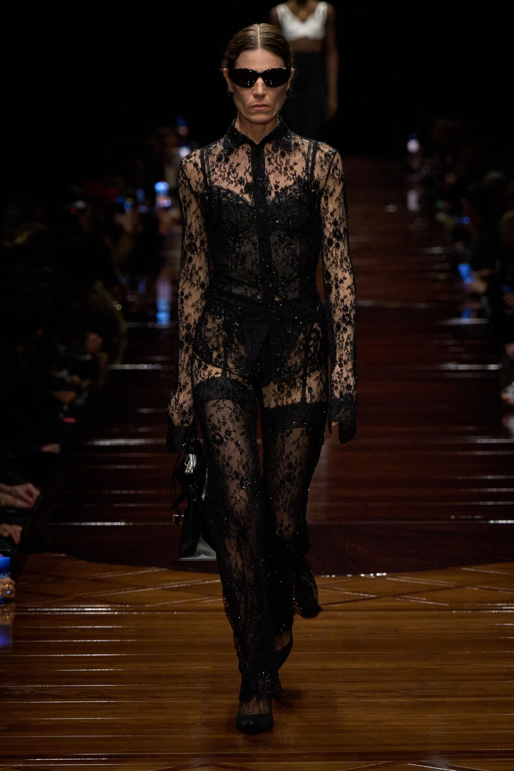 black lace long-sleeve collared fitted embroidered jumpsuit