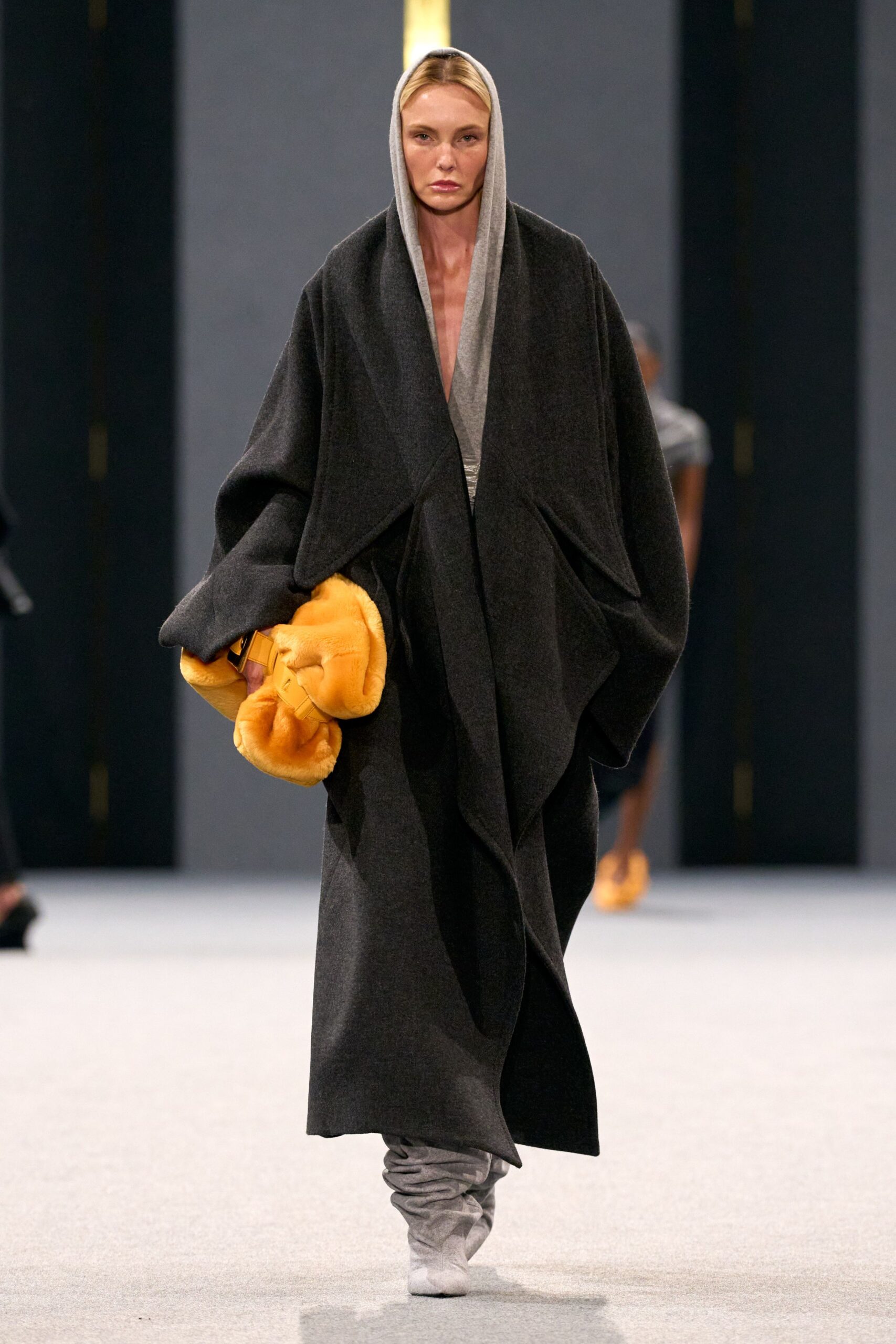 gray wool long-sleeve hooded oversized draped maxi coat