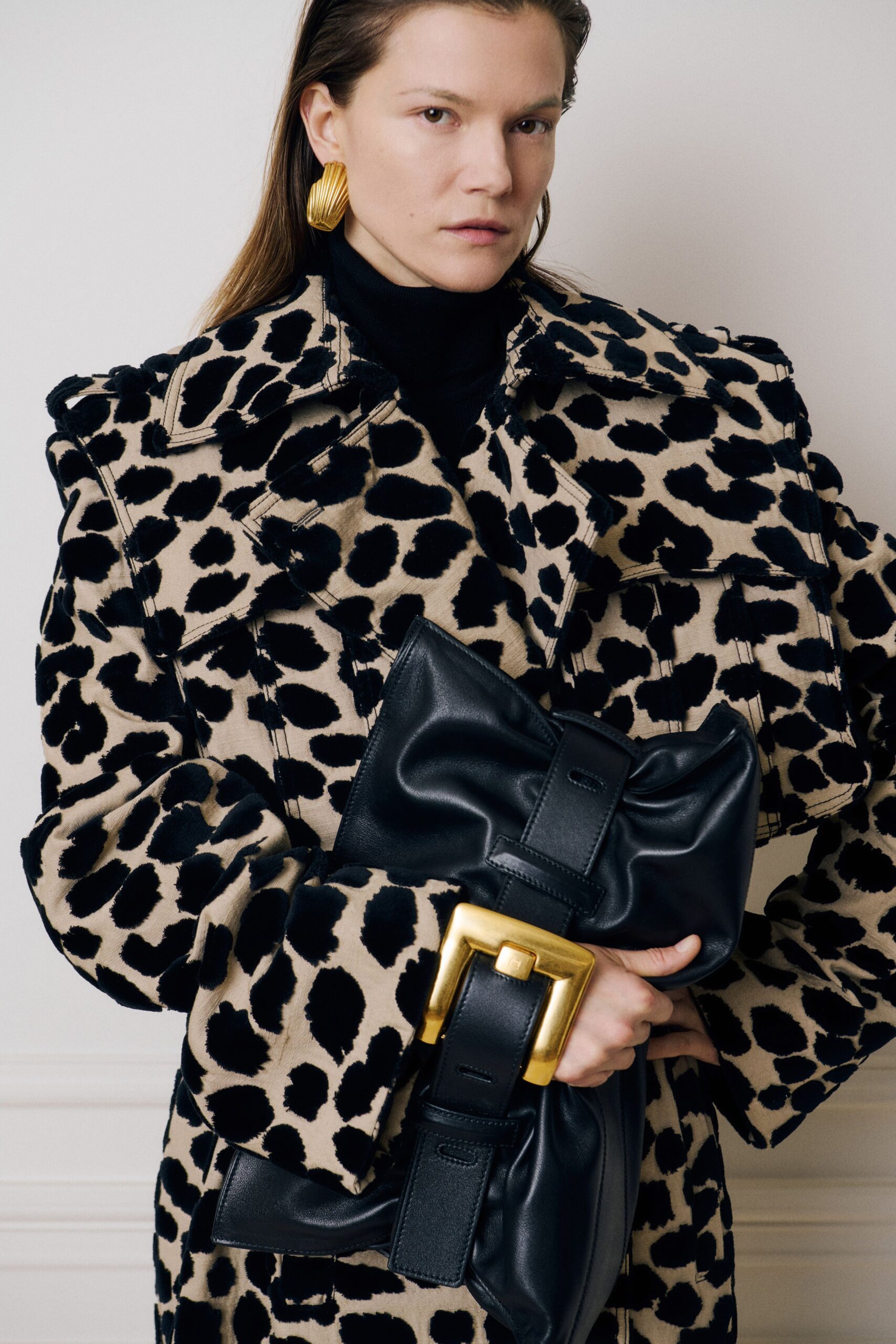 beige wool long-sleeve collared oversized animal-print coat
