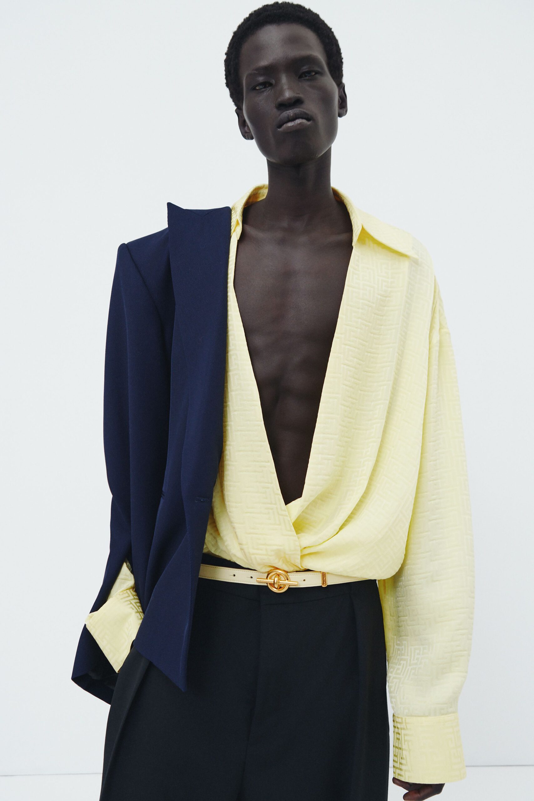 yellow silk long-sleeve collared relaxed draped printed blouse