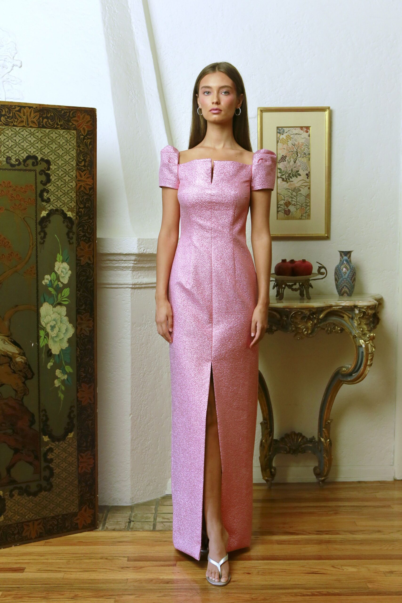 pink silk short-sleeve off-shoulder fitted textured shiny gown