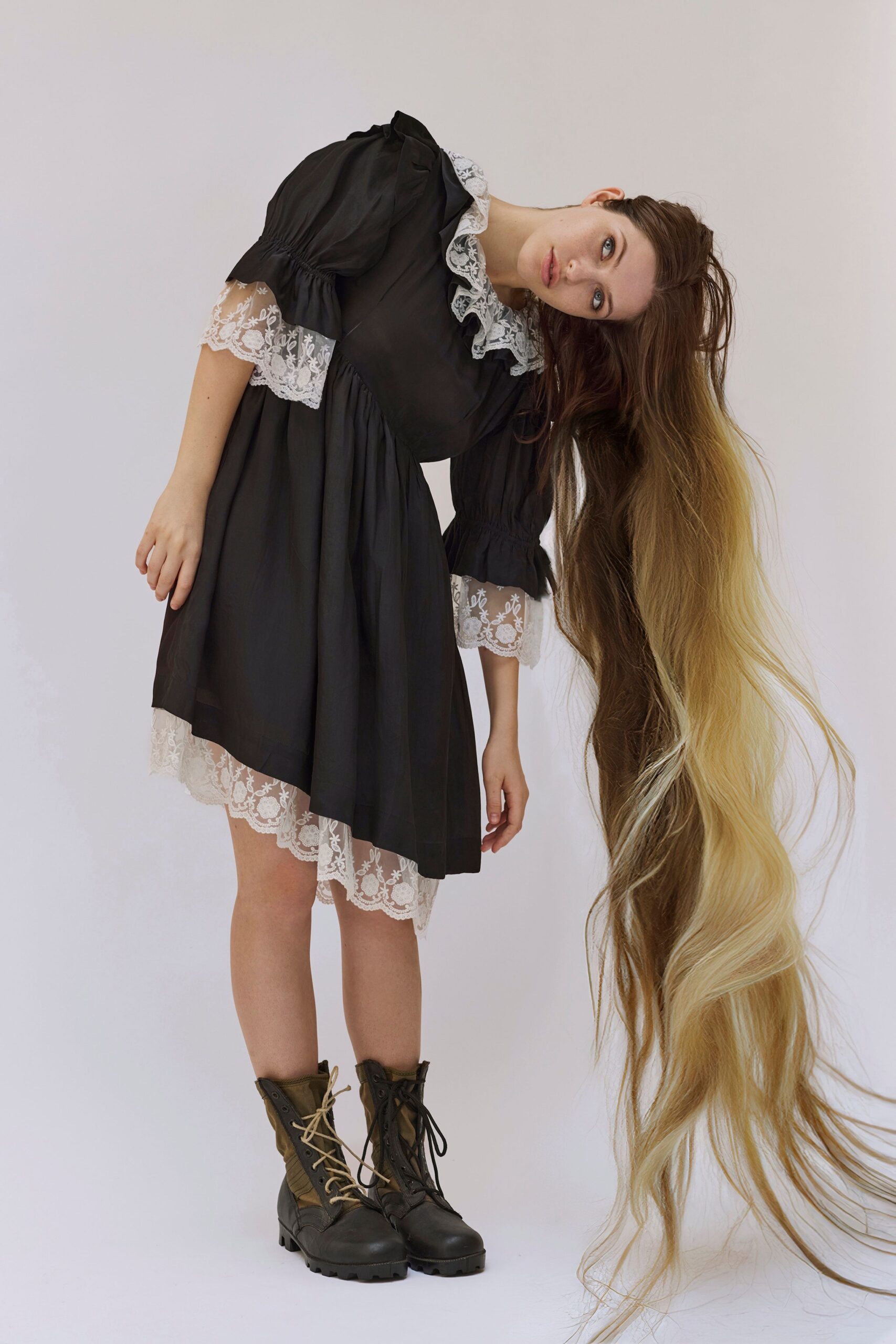 black cotton short-sleeve collared fitted ruffled mini dress
