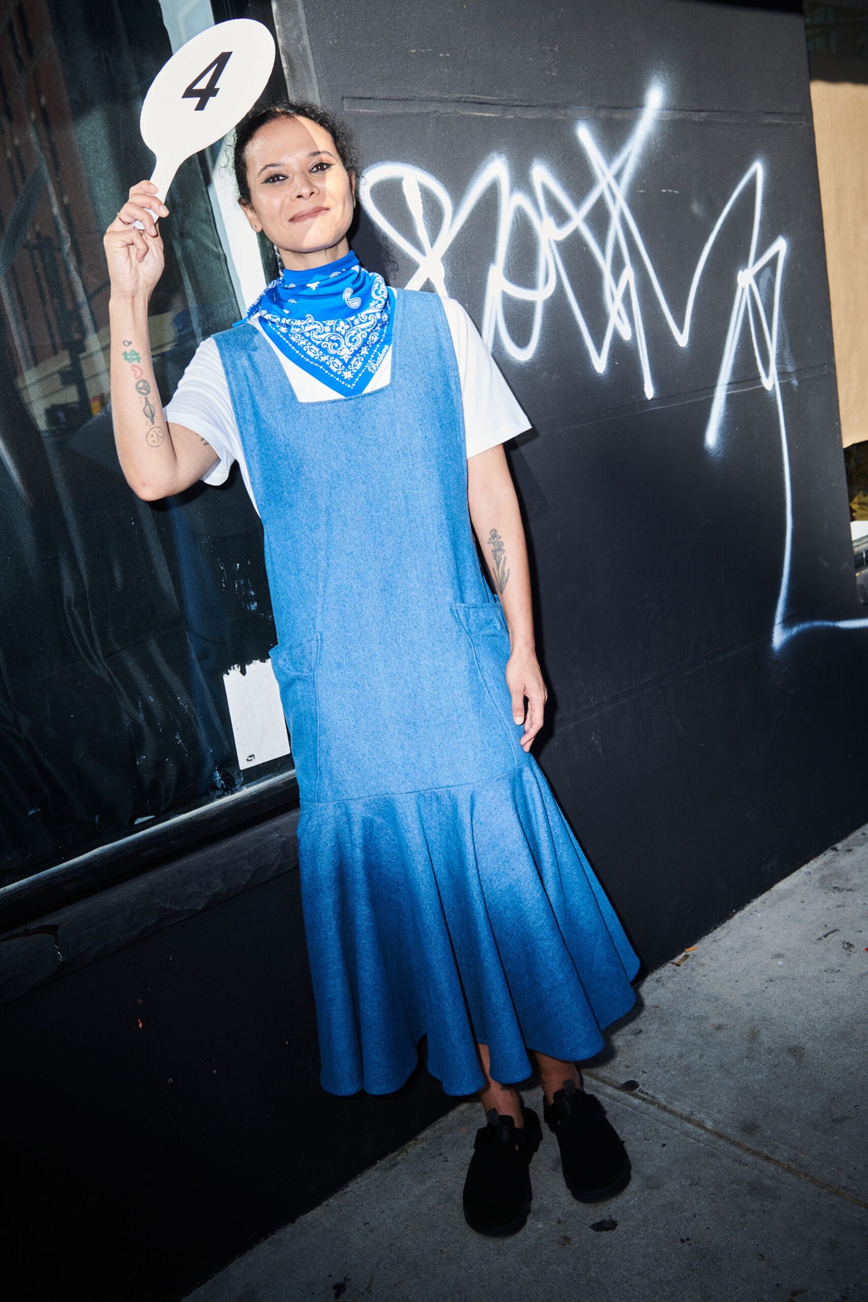 blue denim sleeveless v-neck relaxed flared midi dress