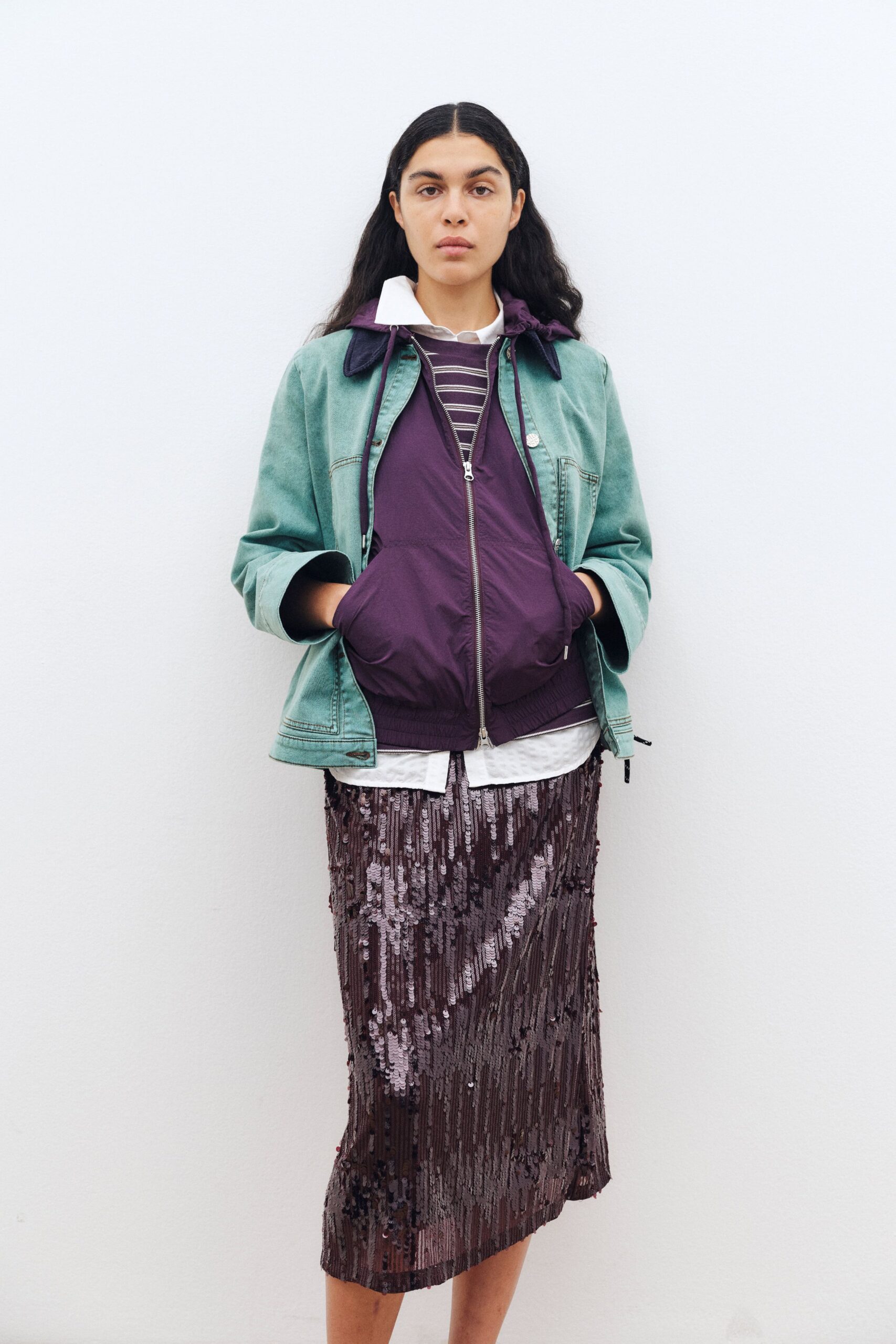 teal denim long-sleeve collared relaxed jacket