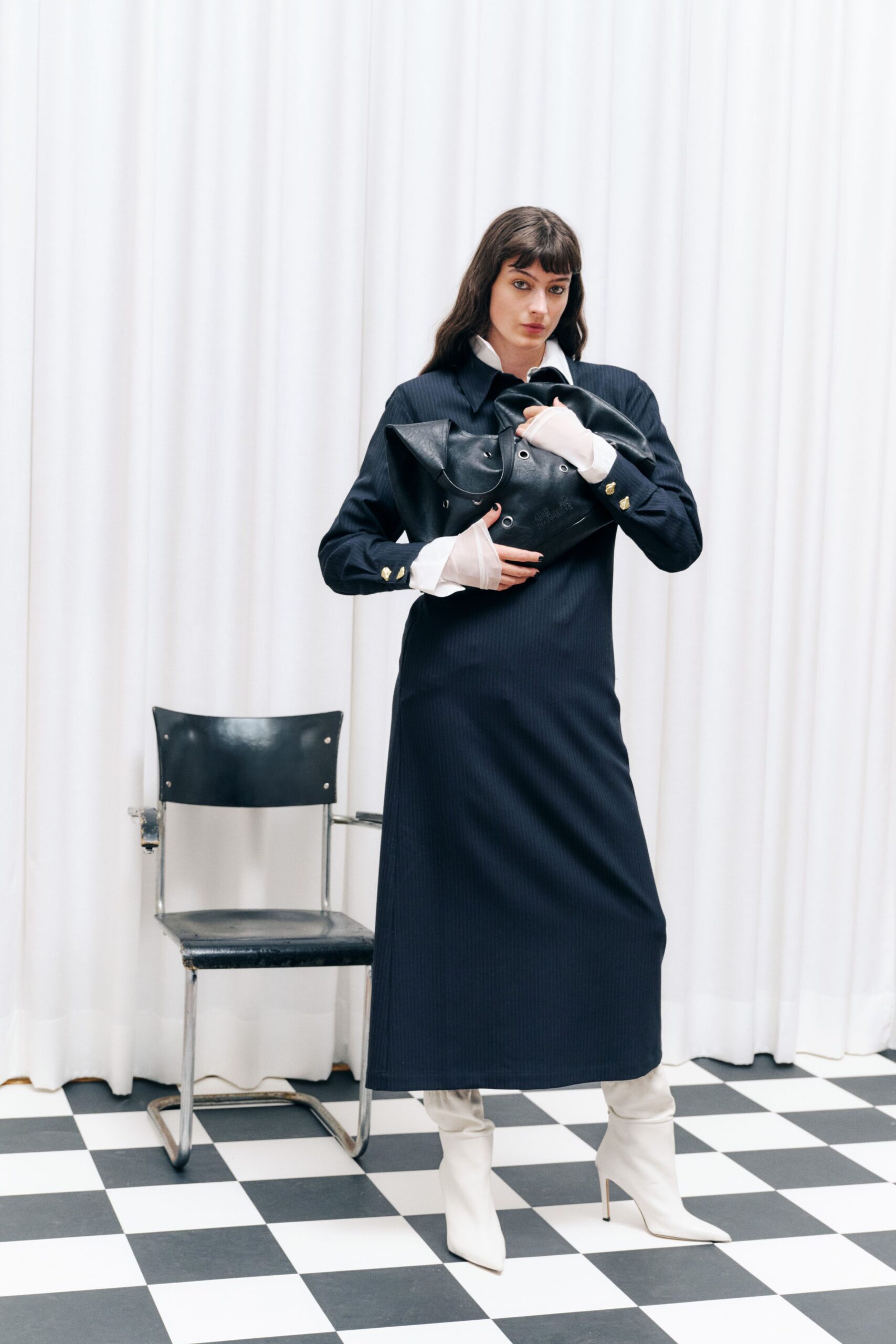 black midi dress with white boots