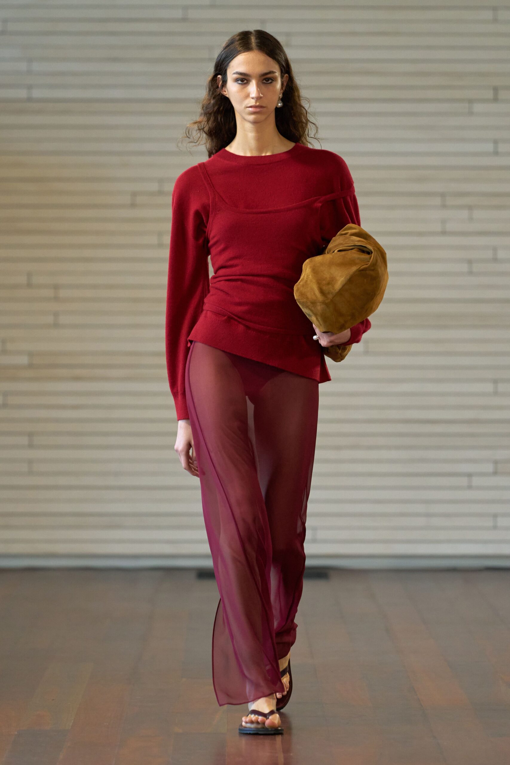 red wool long-sleeve collared fitted draped top