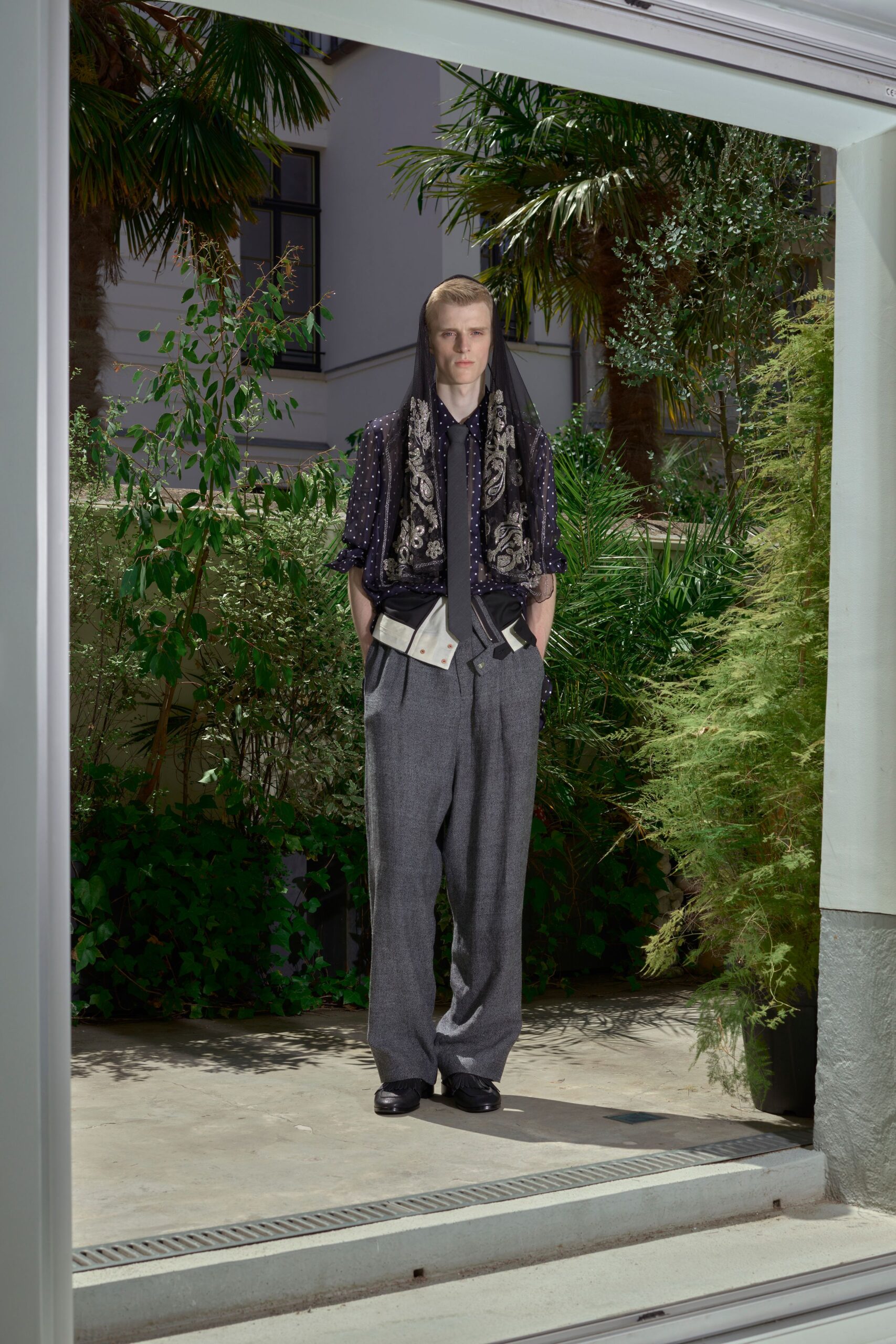 gray wool oversized wide-leg pleated maxi pants