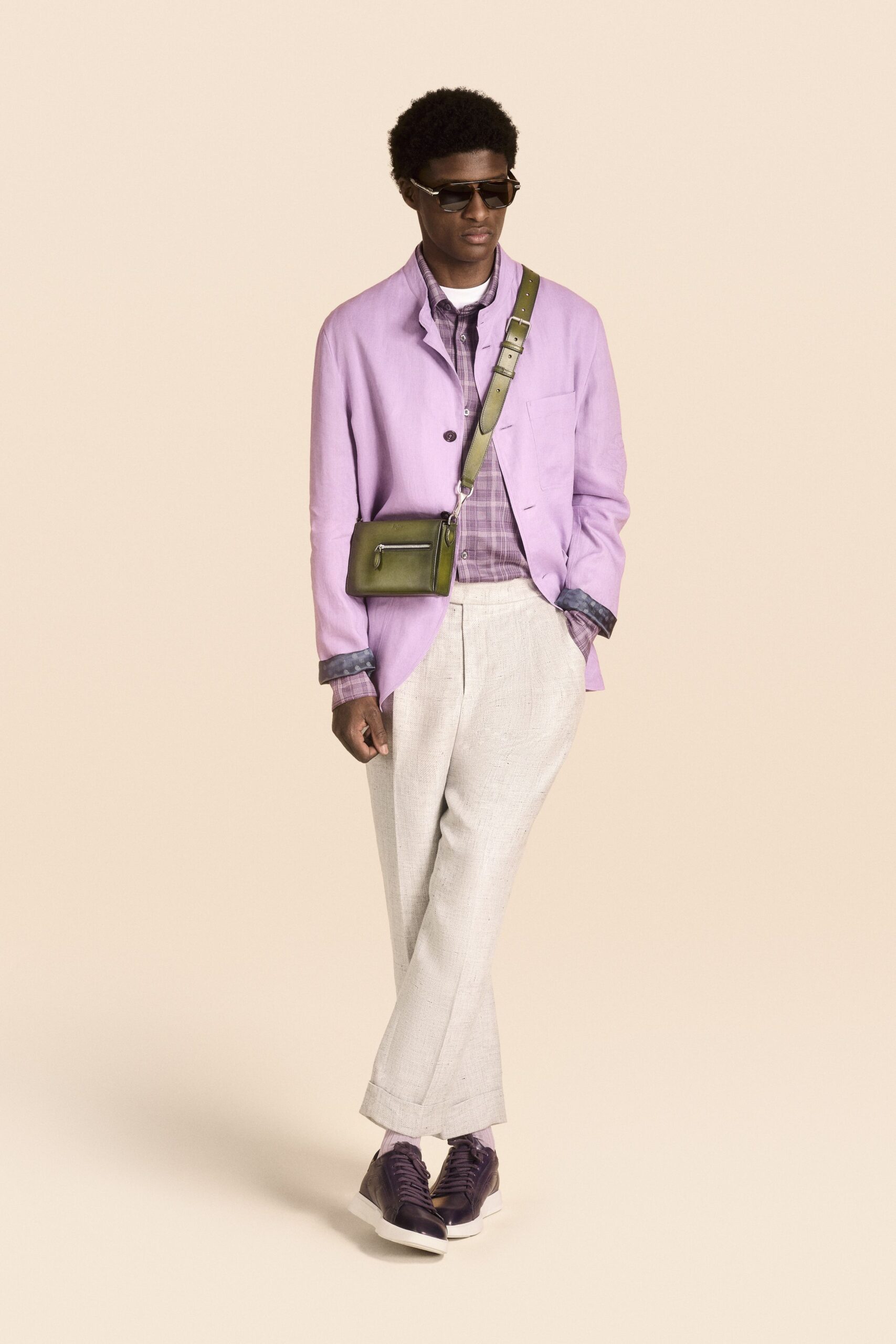 purple linen long-sleeve collared relaxed buttoned pockets jacket