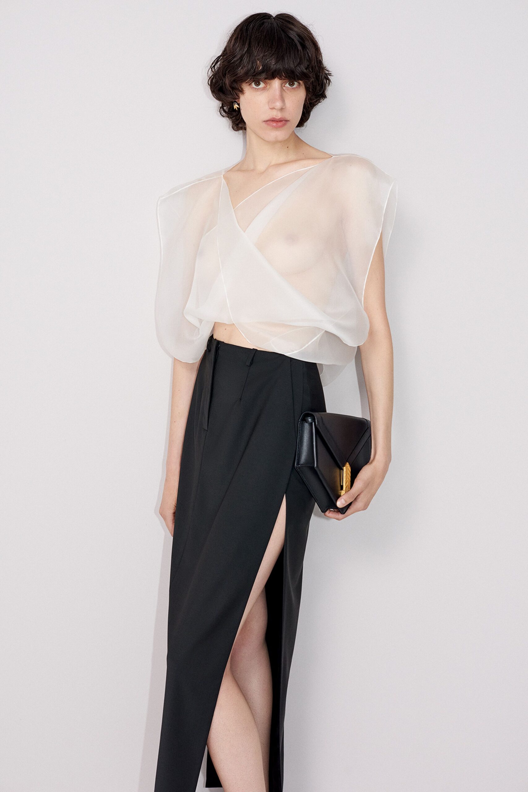 white chiffon top black midi skirt