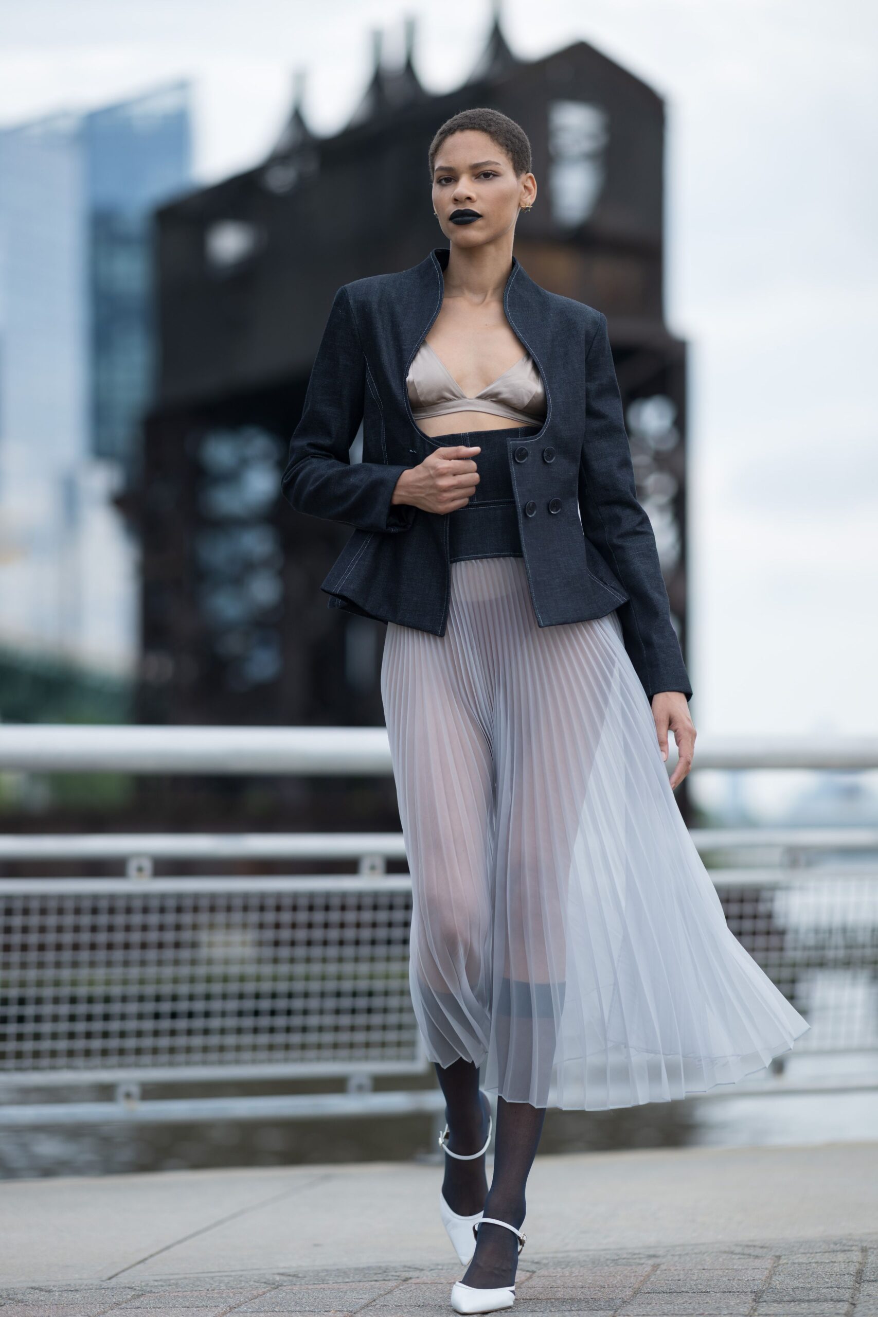 gray chiffon long-sleeve relaxed pleated flowing midi skirt
