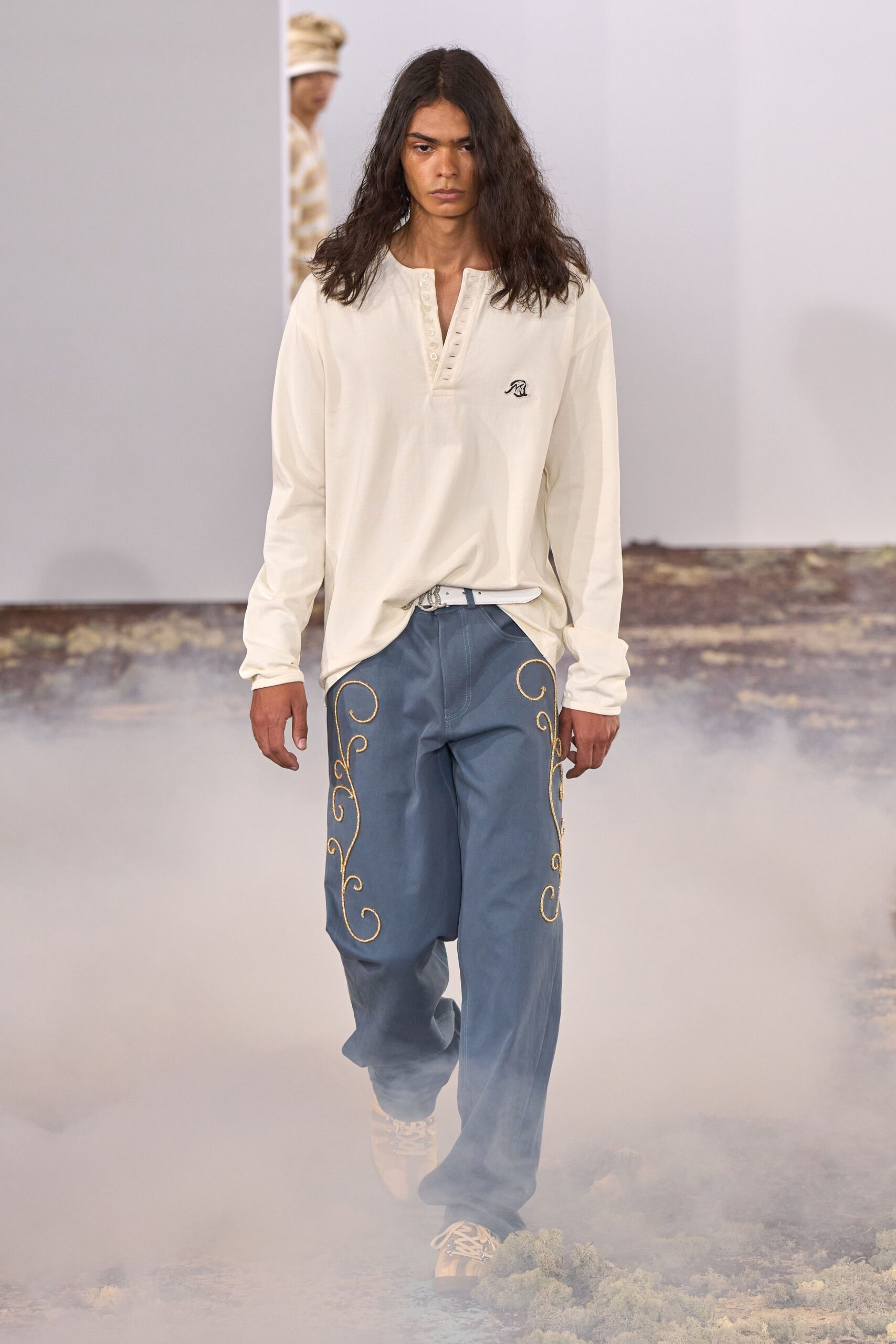 blue cotton relaxed embroidered wide-leg pants