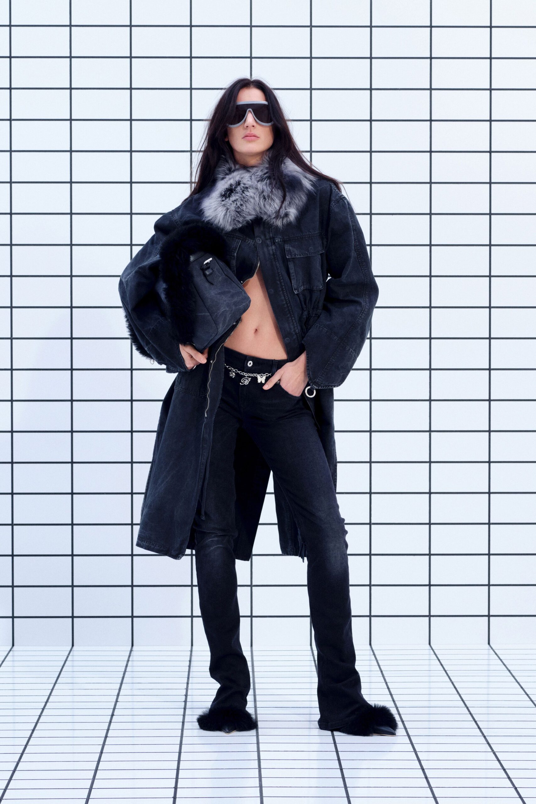 black denim long-sleeve relaxed fringed maxi coat