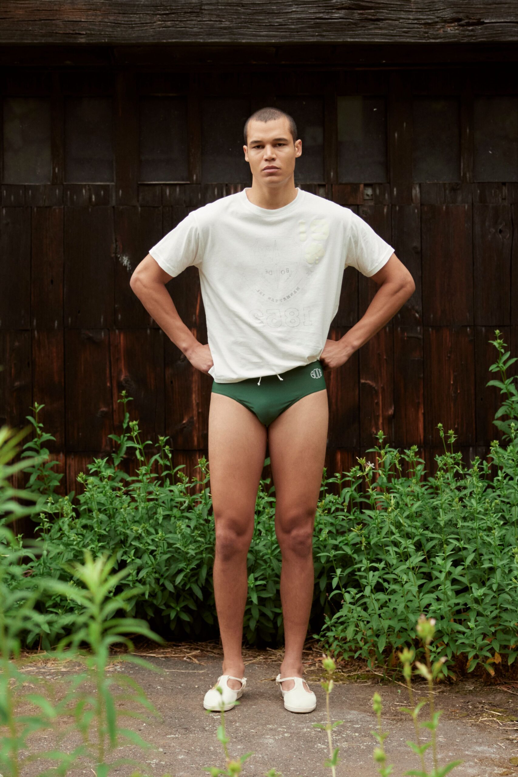 green cotton sleeveless fitted swimsuit