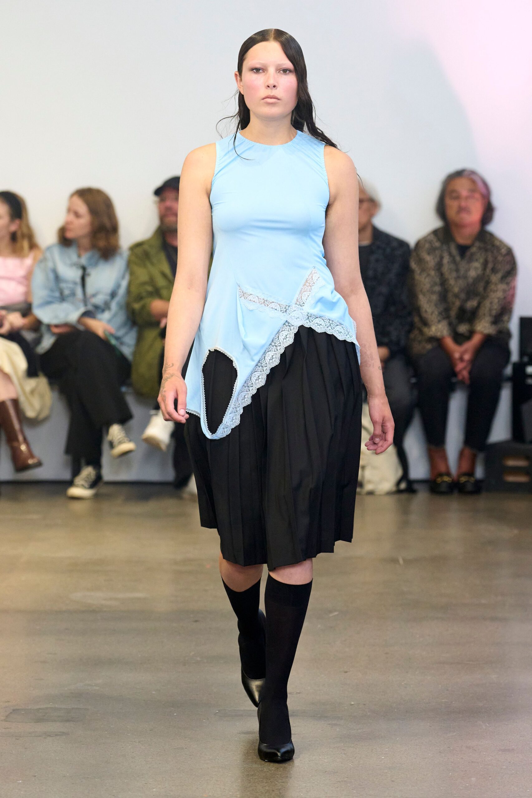 blue silk sleeveless high-neck fitted draped layered top