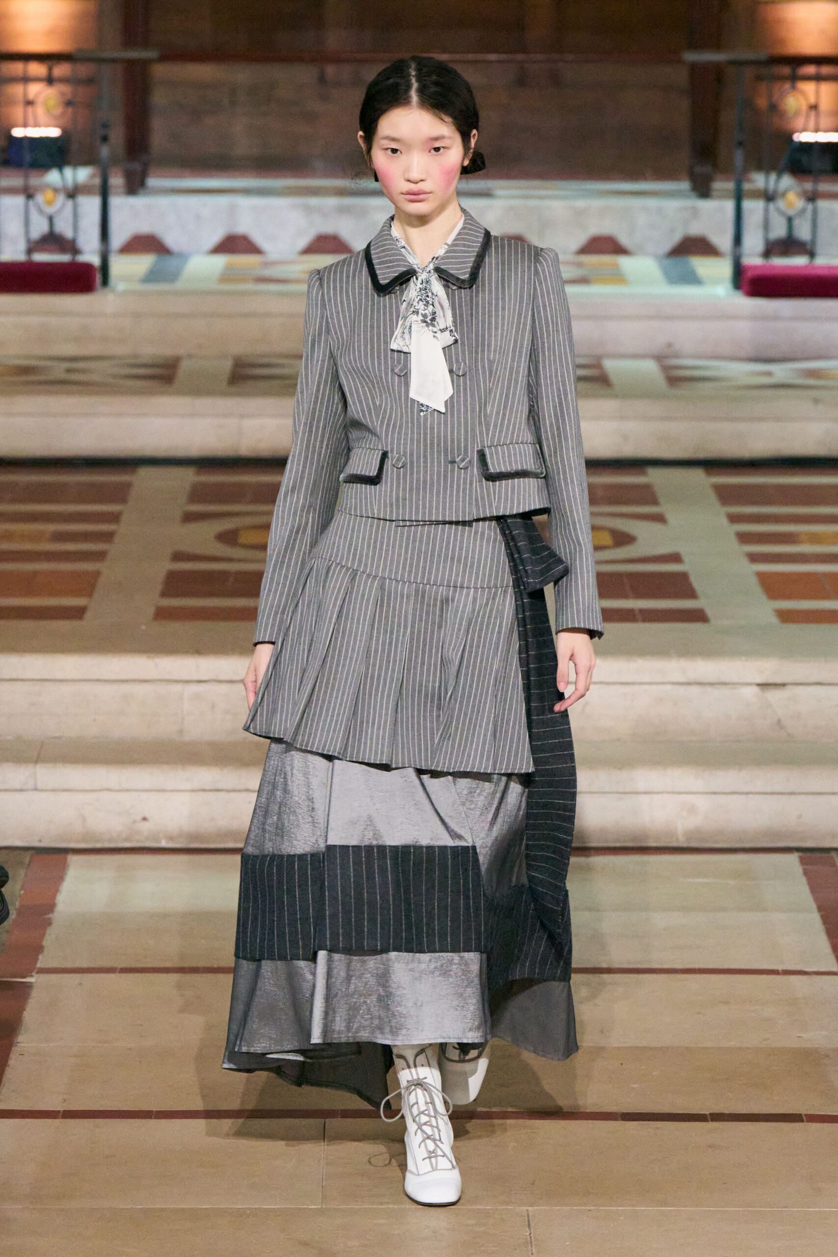 gray cotton fitted striped tiered midi skirt