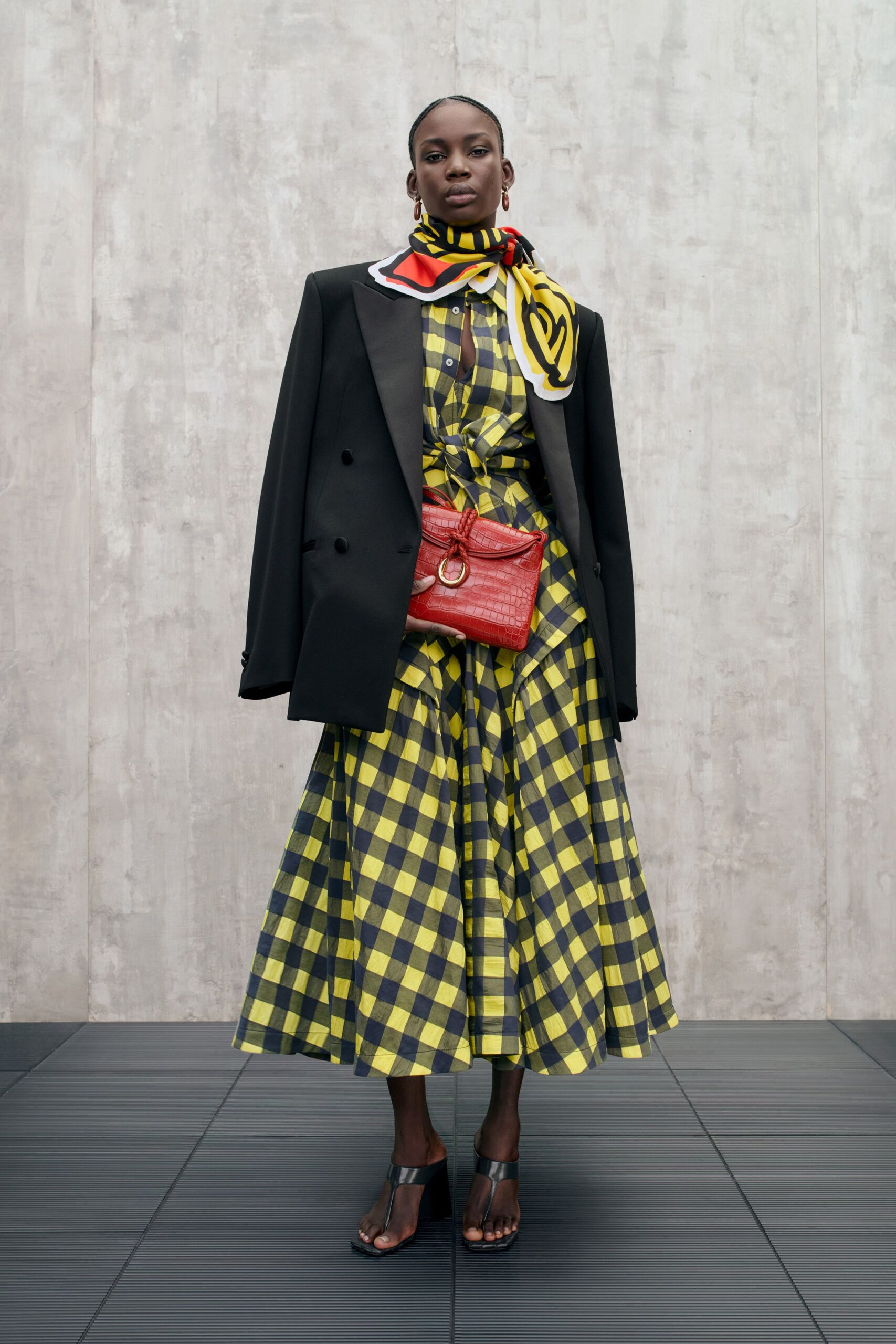 yellow sleeveless collared fitted checked midi dress