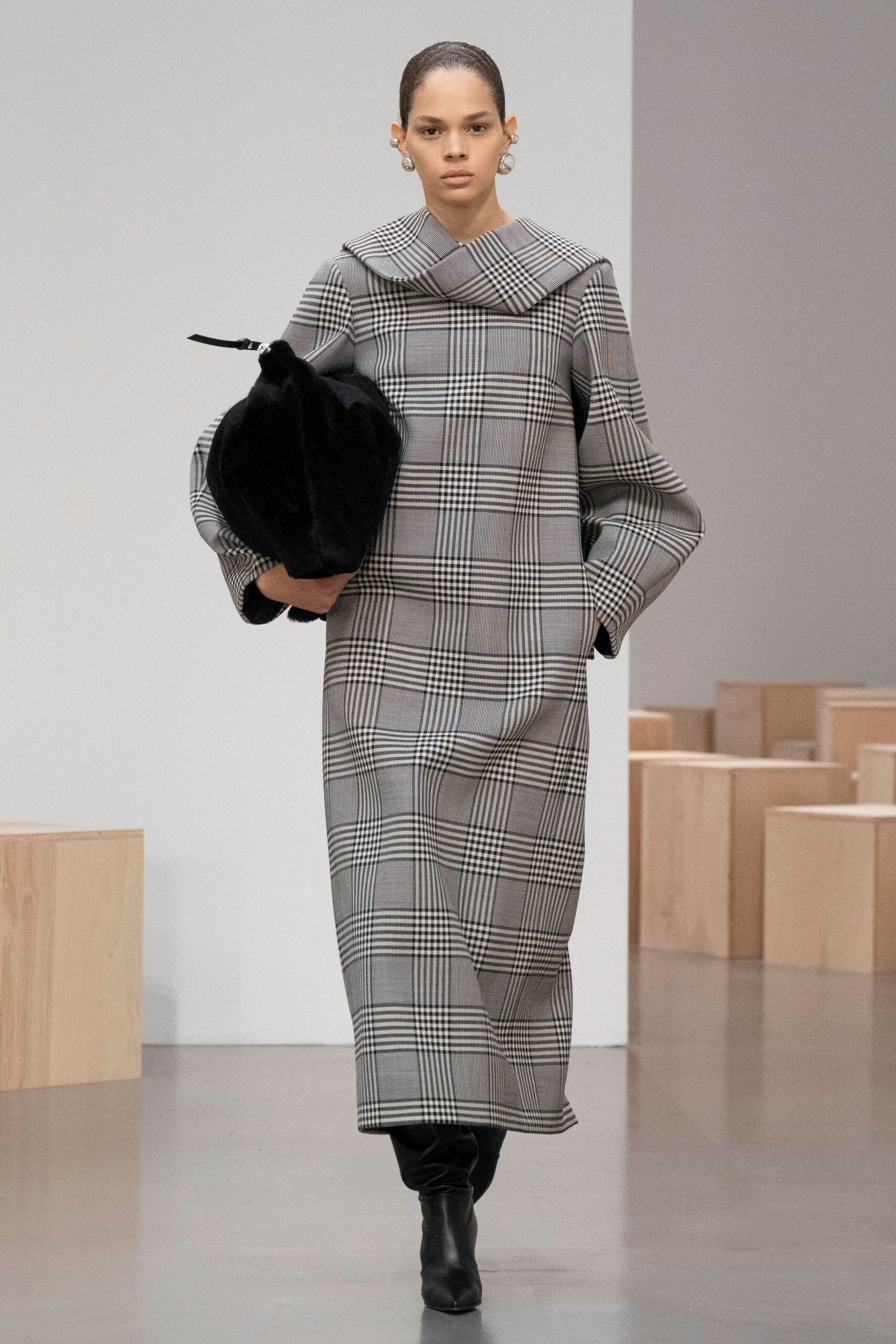 checked wool maxi coat with bag