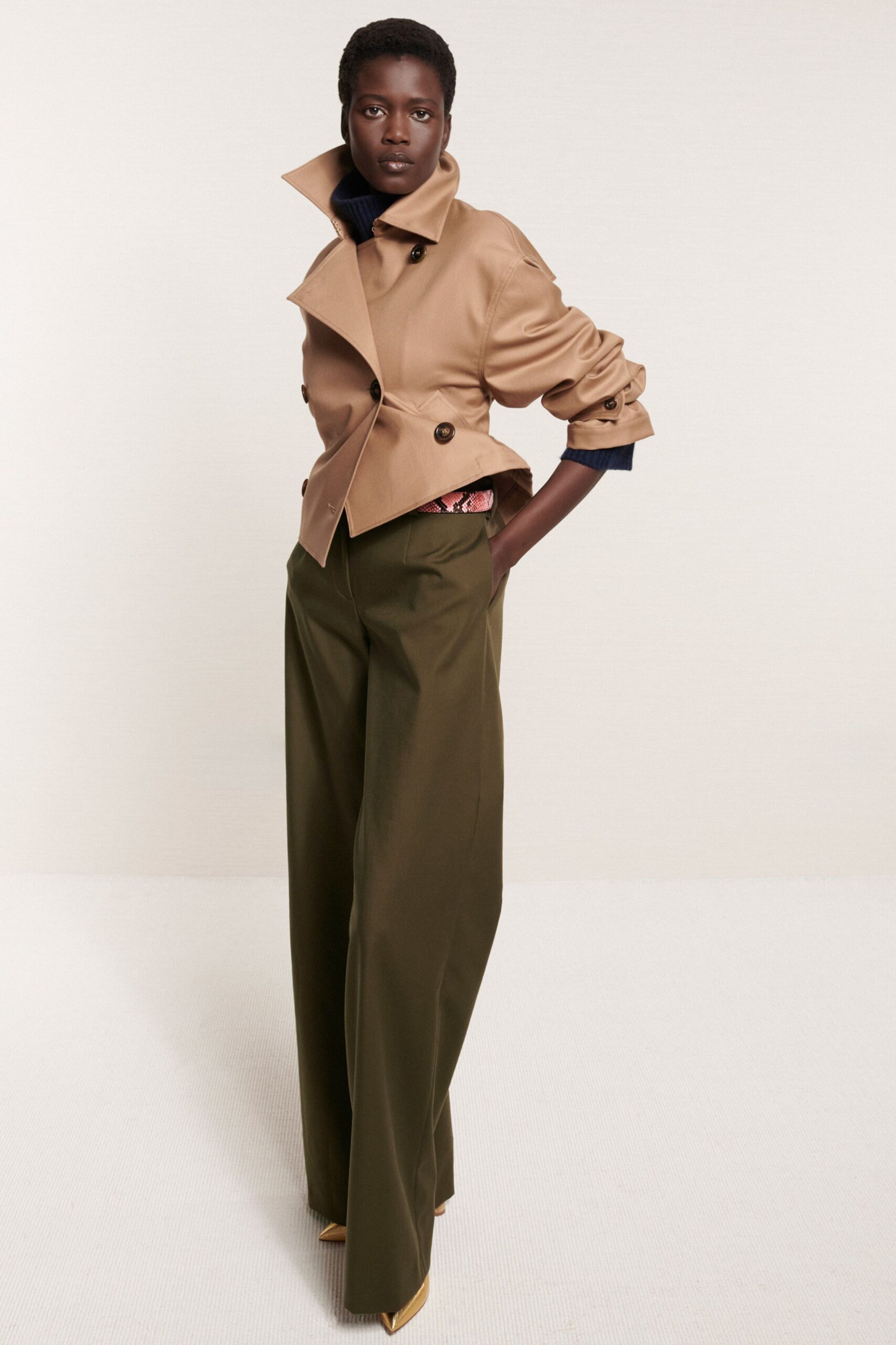 beige leather long-sleeve collared structured buttoned jacket