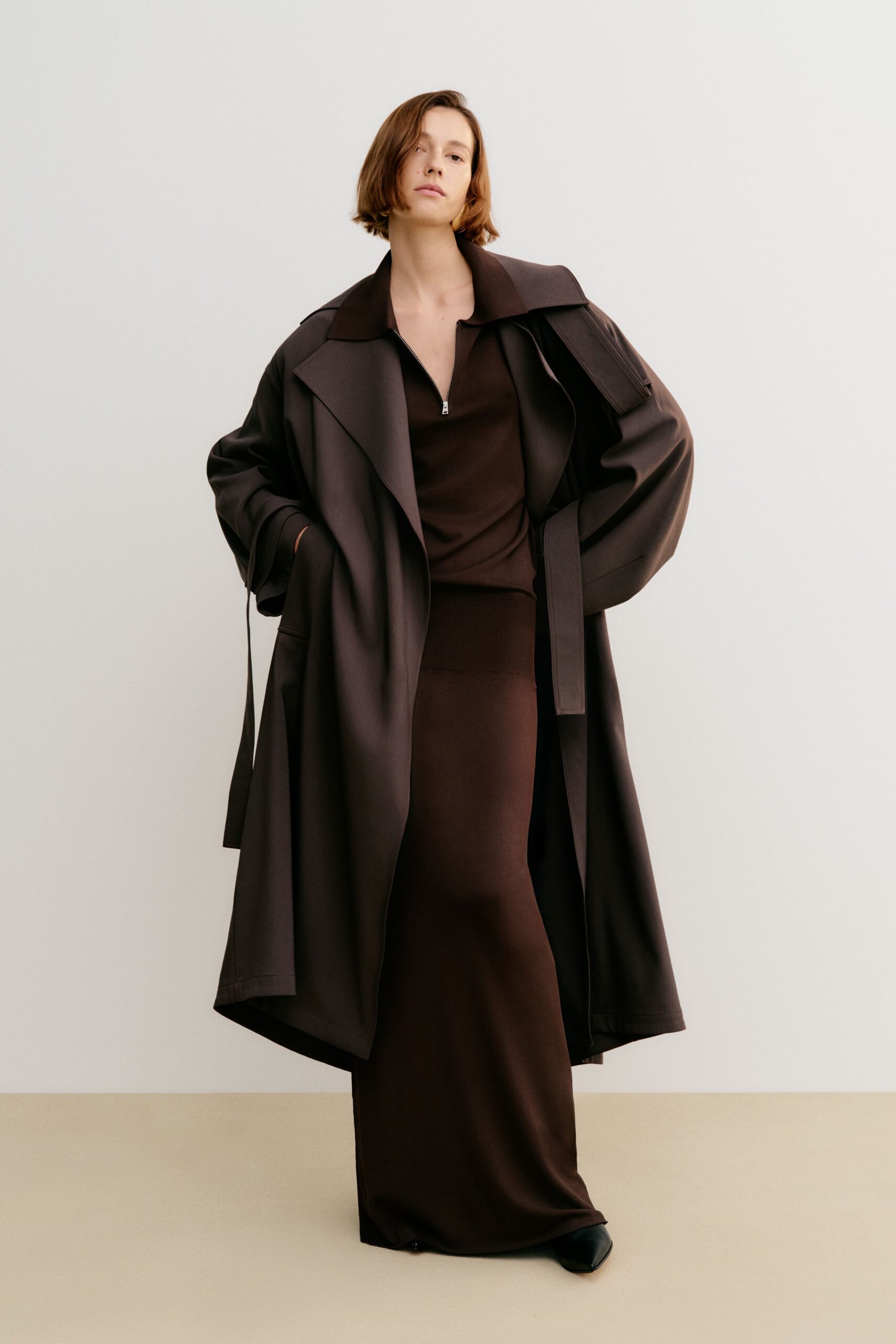 brown wool long-sleeve collared oversized draped layered coat