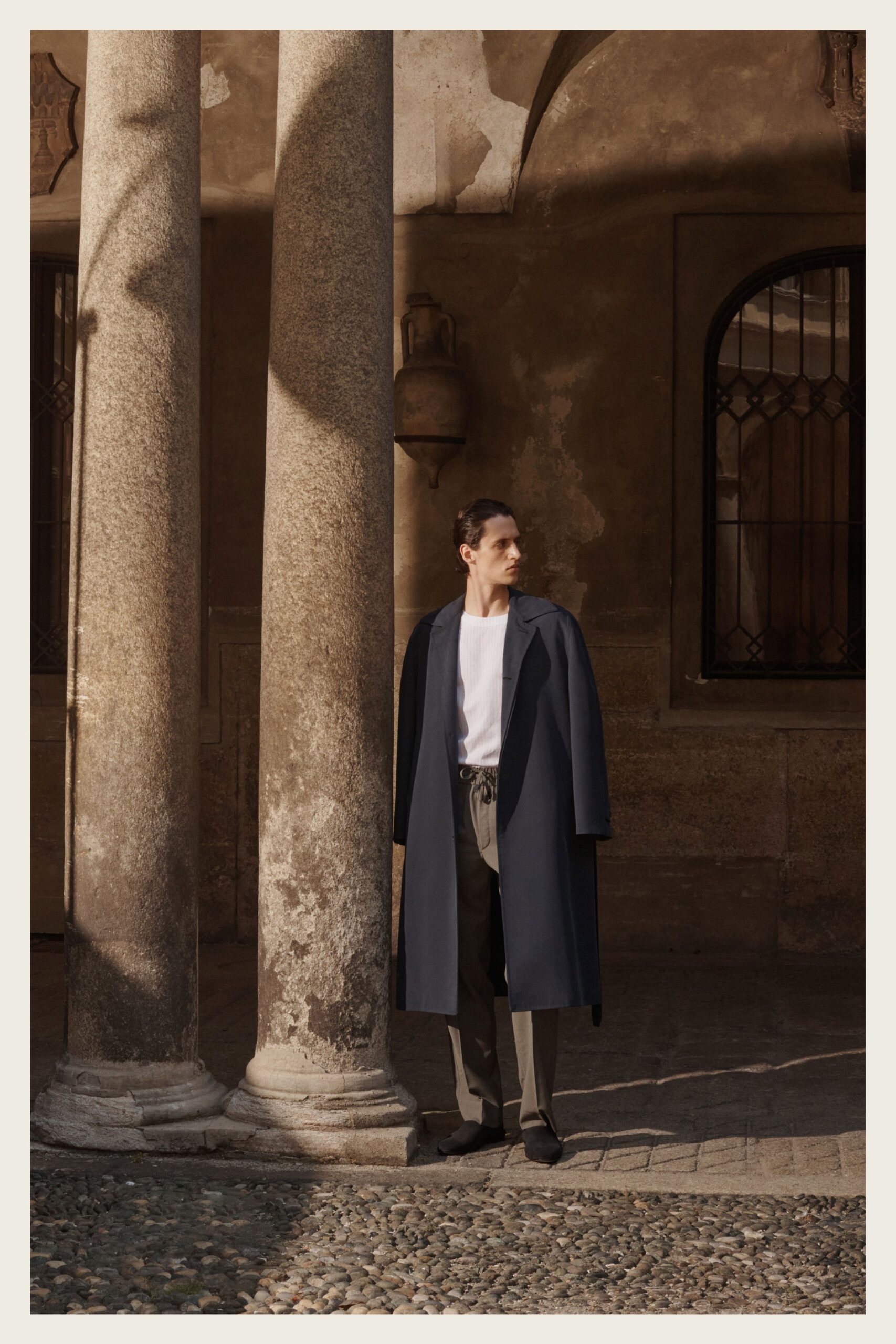 blue wool long-sleeve collared oversized straight-leg maxi coat