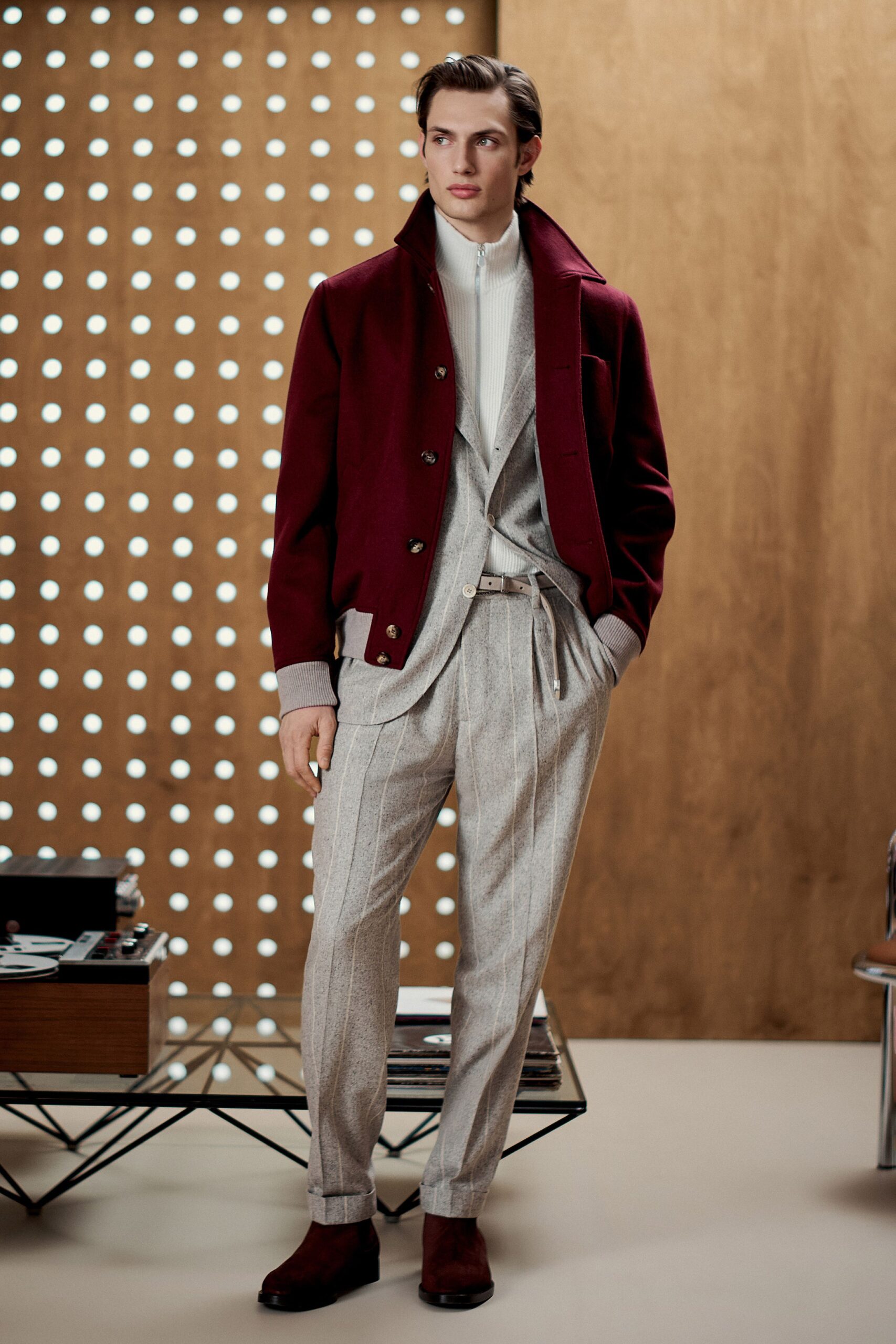 red wool long-sleeve collared structured buttoned jacket