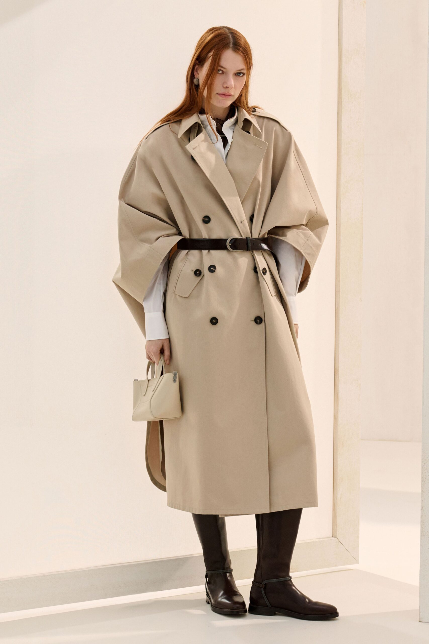 beige cotton long-sleeve collared relaxed belted pockets trench