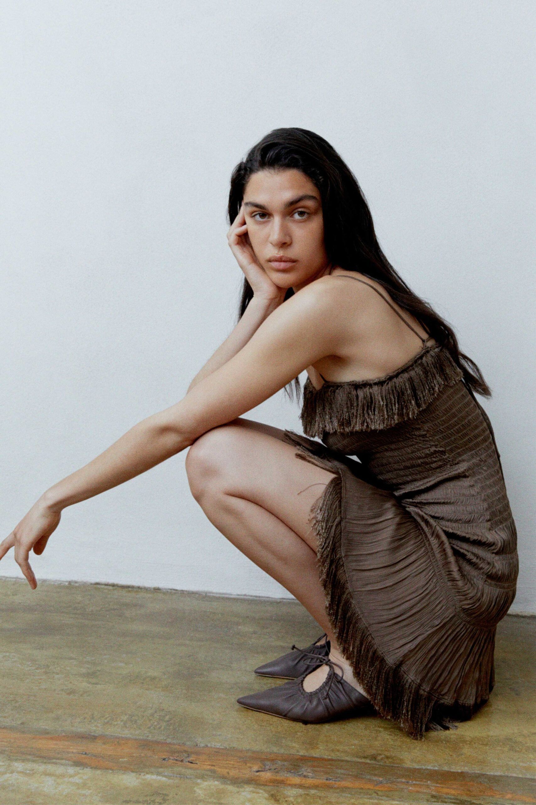 brown silk sleeveless square-neck fitted fringed pleated dress