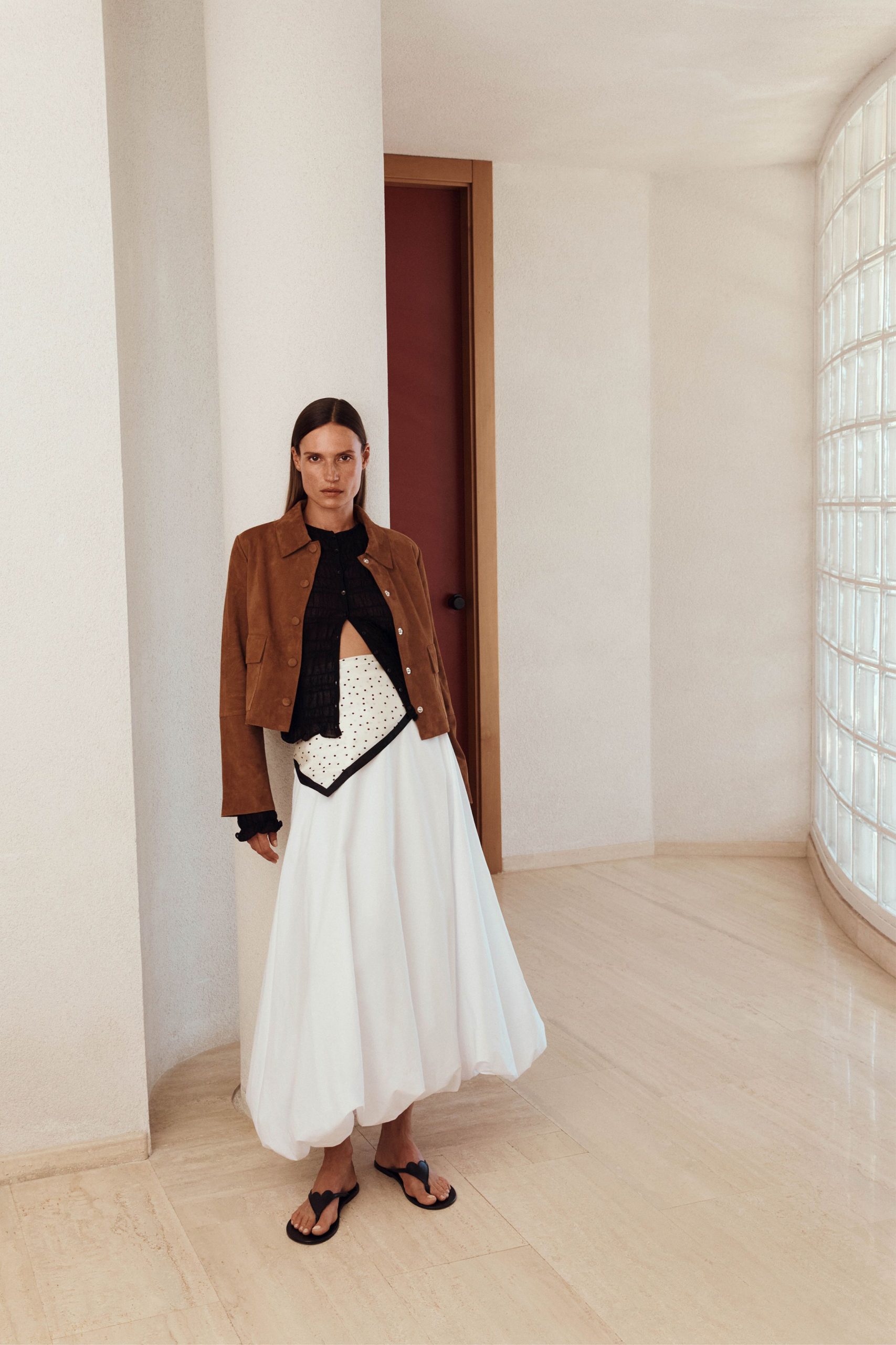 brown leather jacket white midi skirt