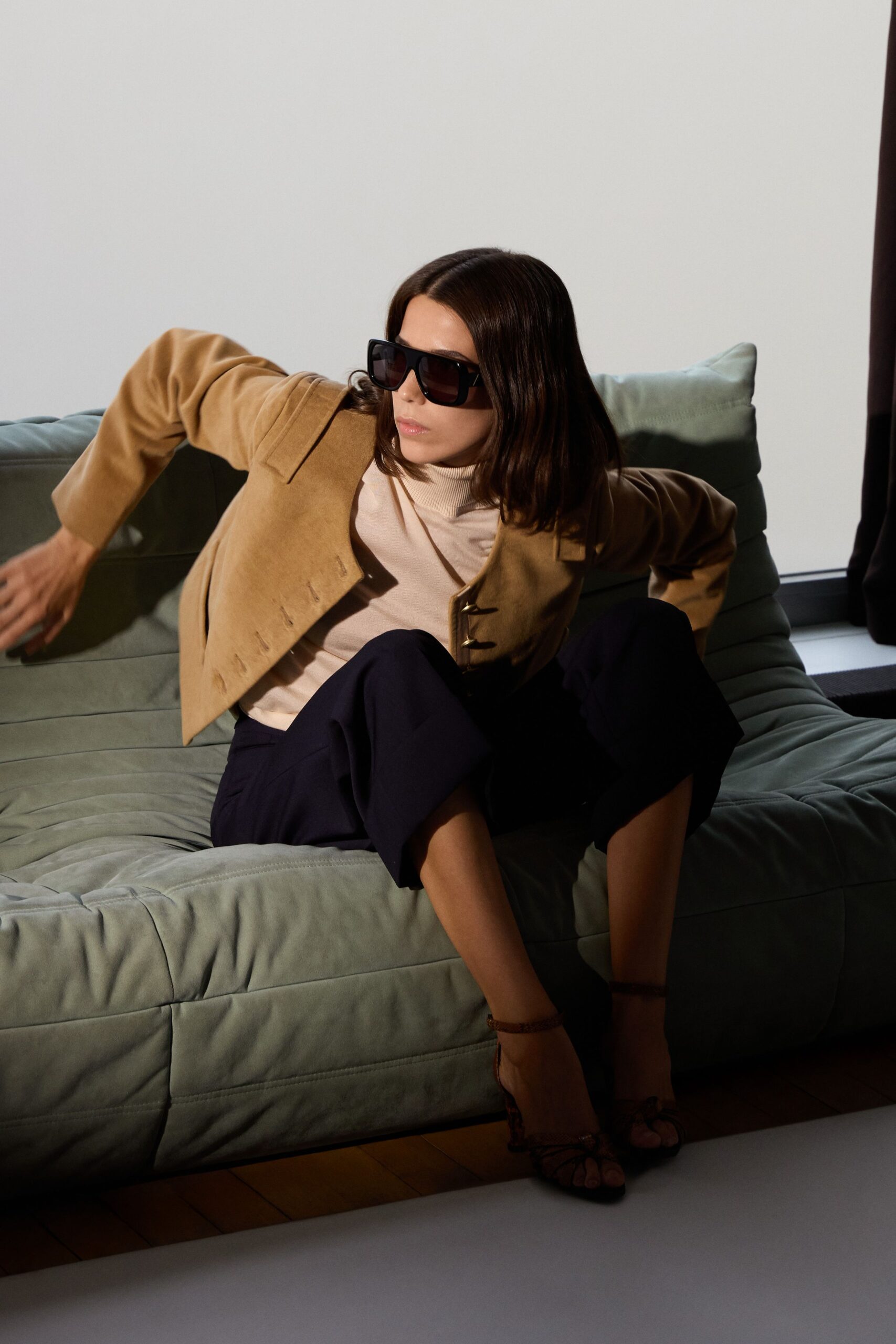 brown suede long-sleeve collared structured jacket