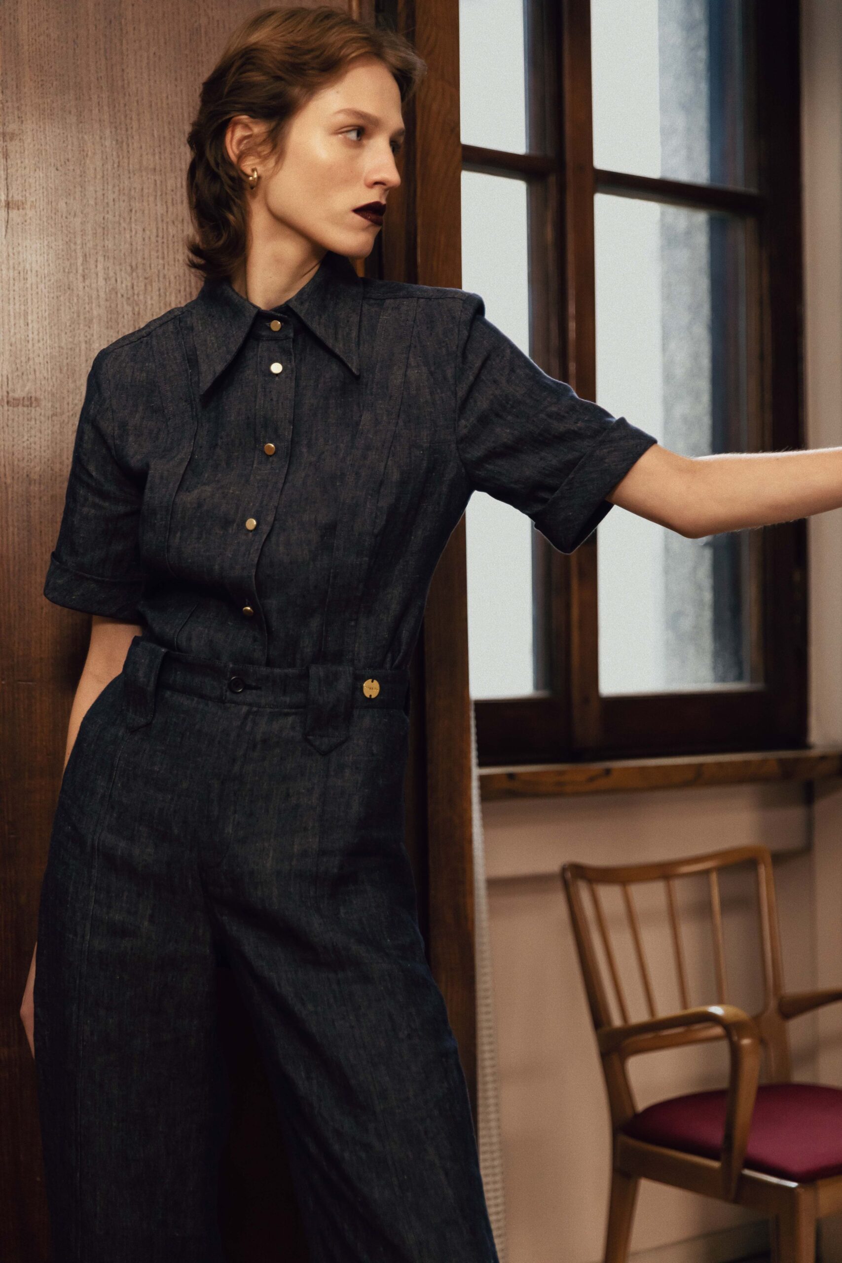 blue denim fitted jumpsuit