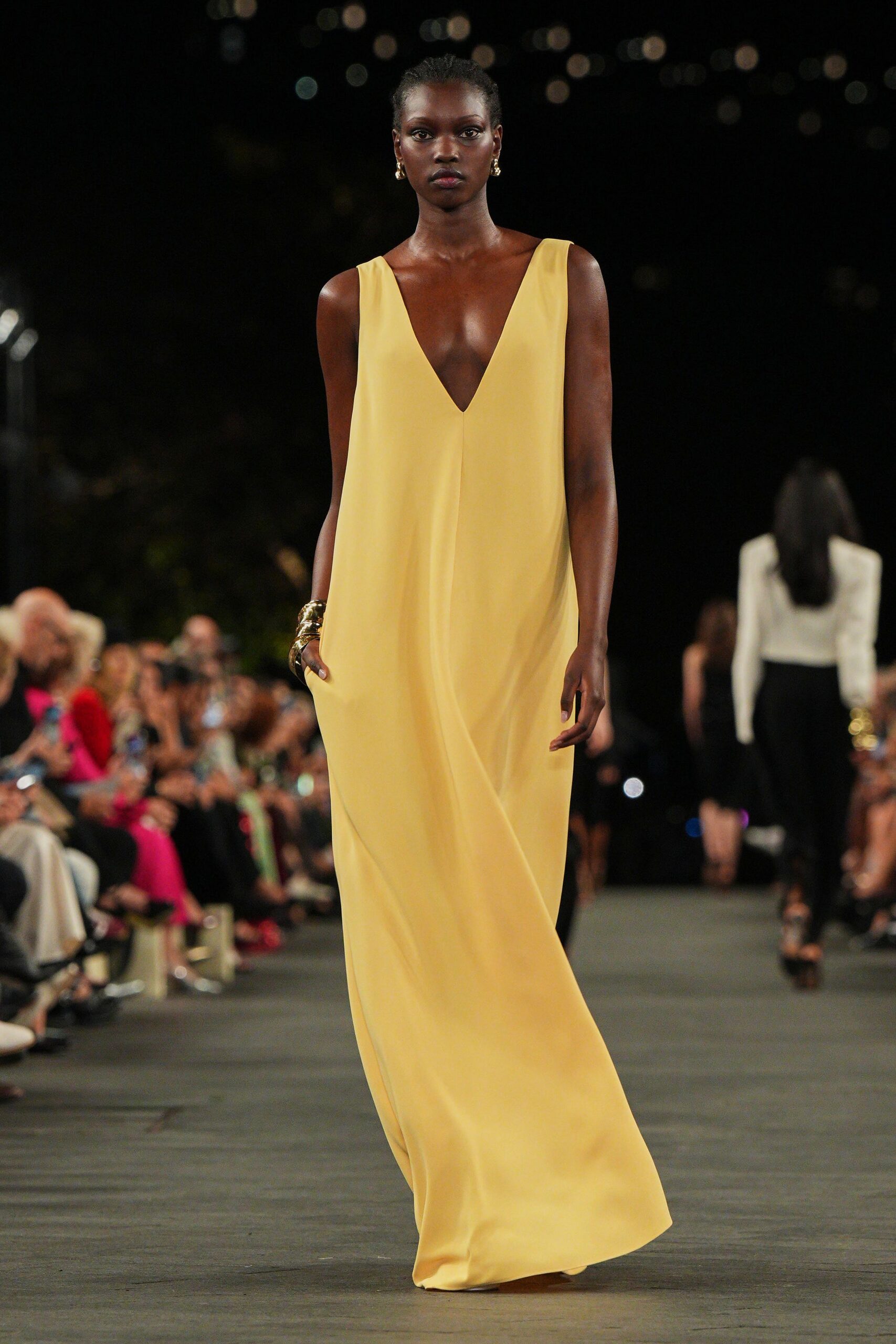 yellow silk sleeveless gown