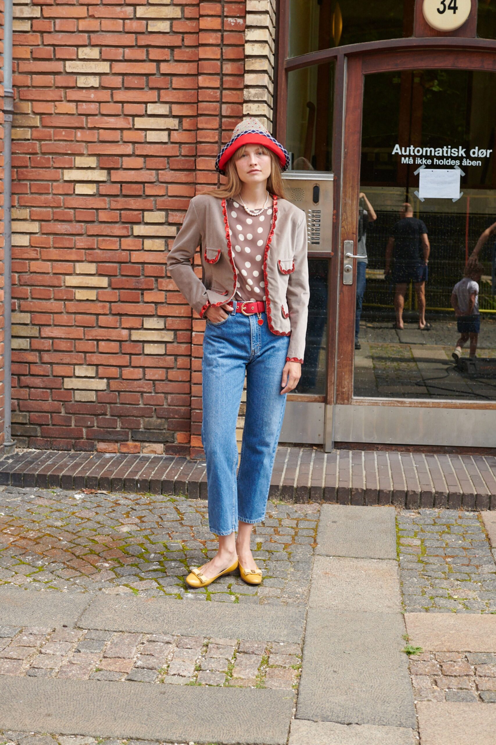 brown tailored blazer with polka-dot top