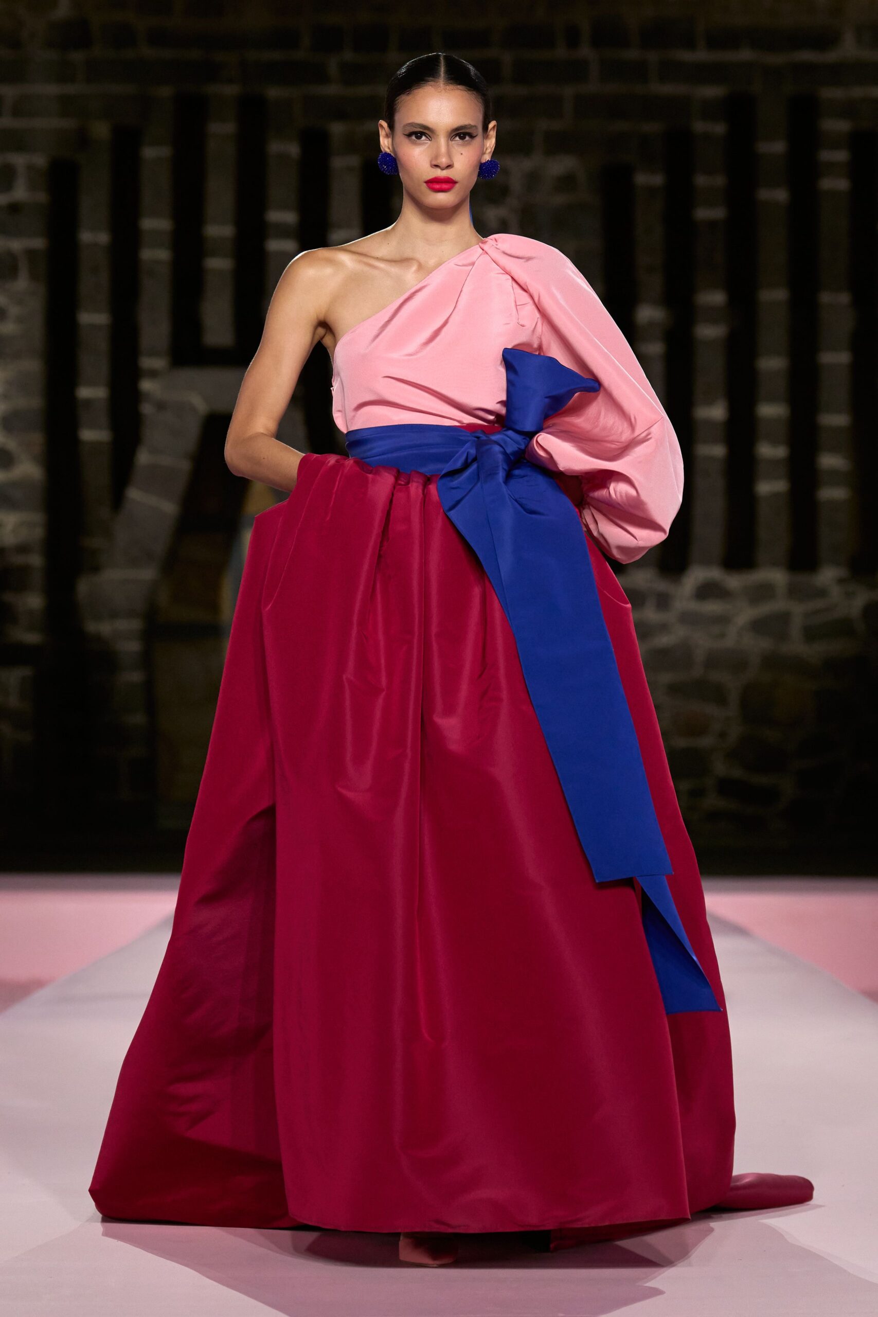pink and red draped gown
