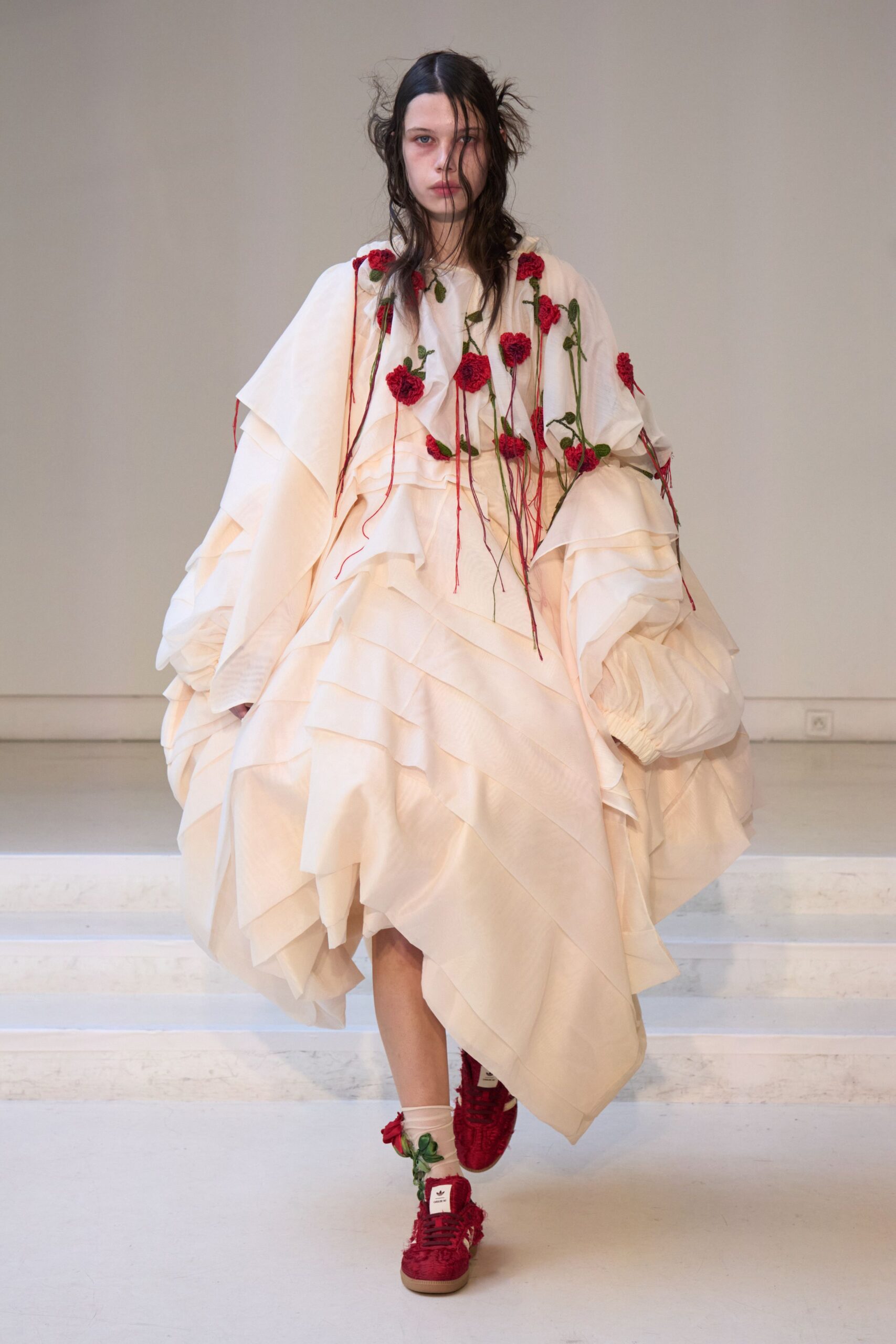 white cotton long-sleeve high-neck relaxed tiered ruffled dress