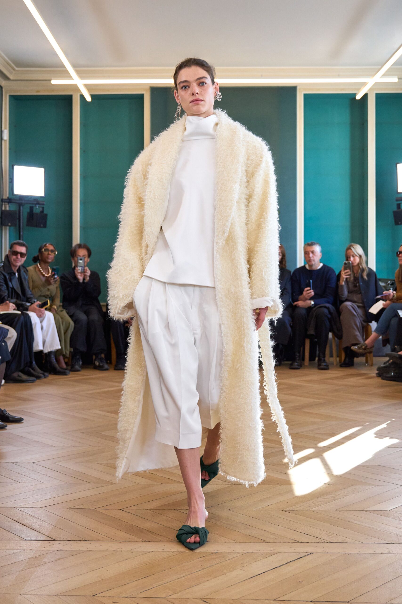 white fur long-sleeve collared relaxed draped maxi coat