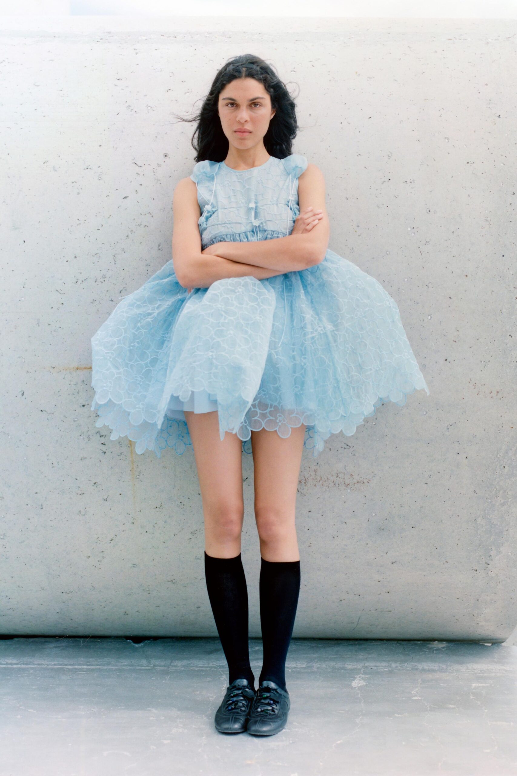blue tulle sleeveless high-neck oversized layered ruffled dress