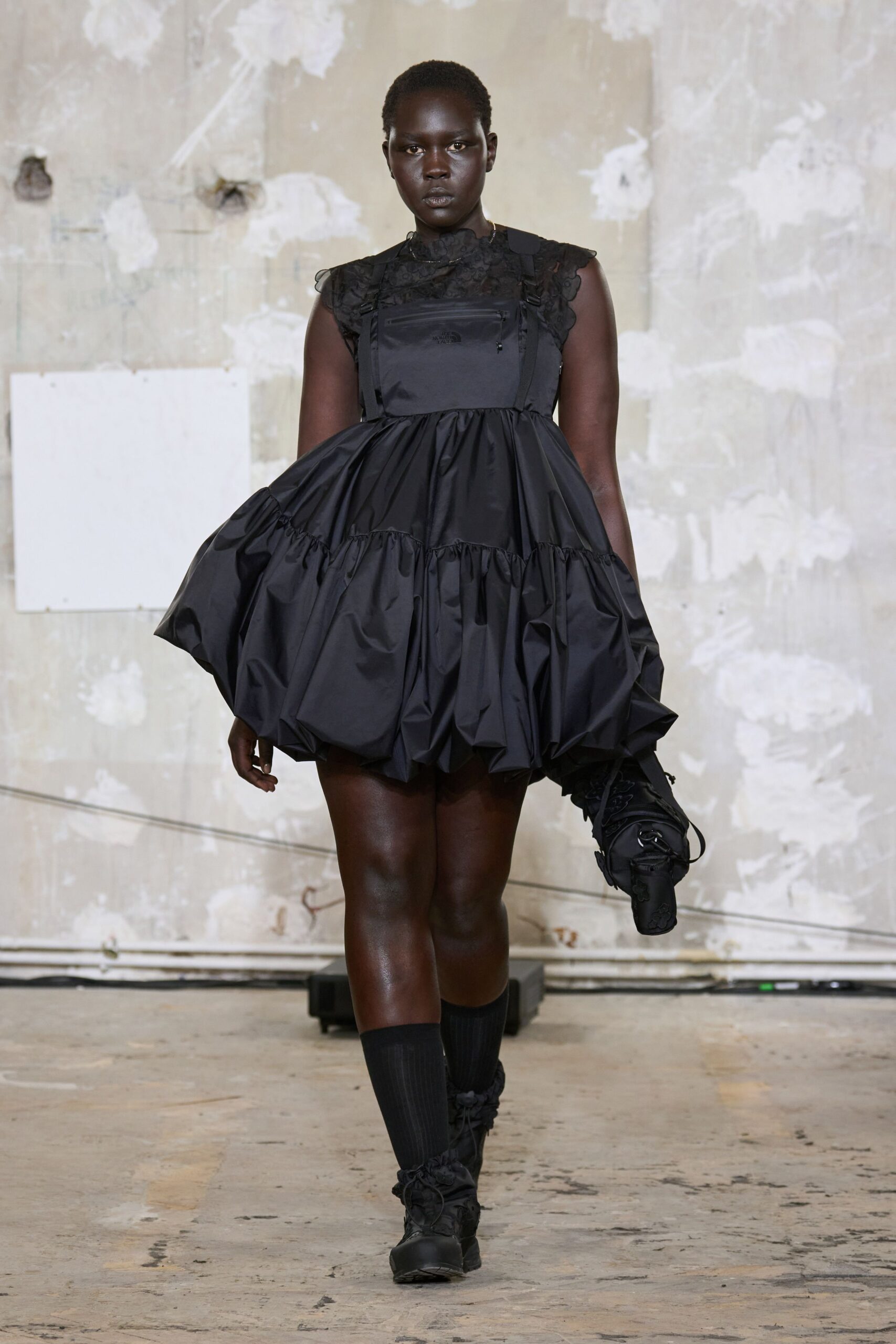 black mini ruffled dress with shoes