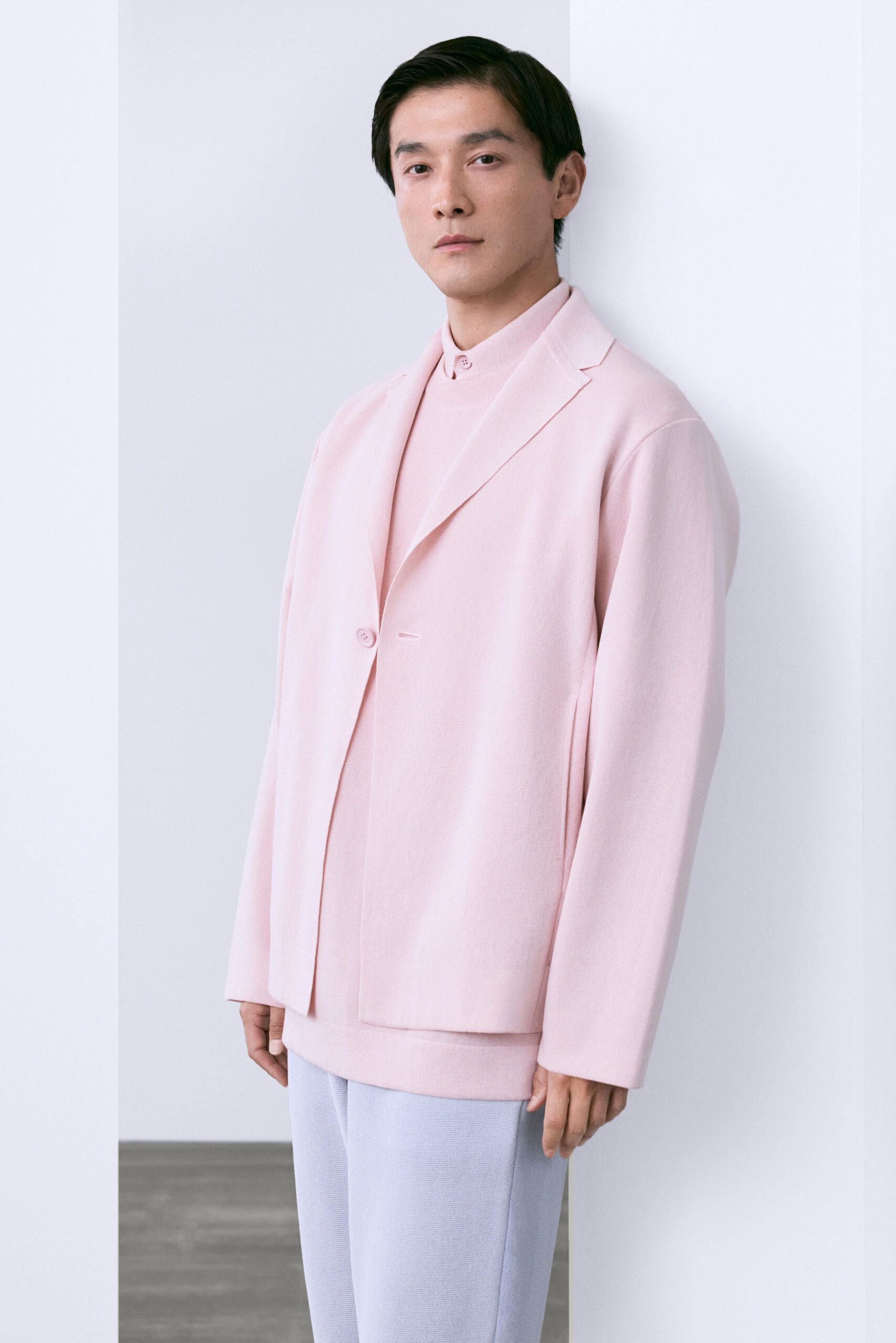 pink wool long-sleeve collared oversized buttoned blazer