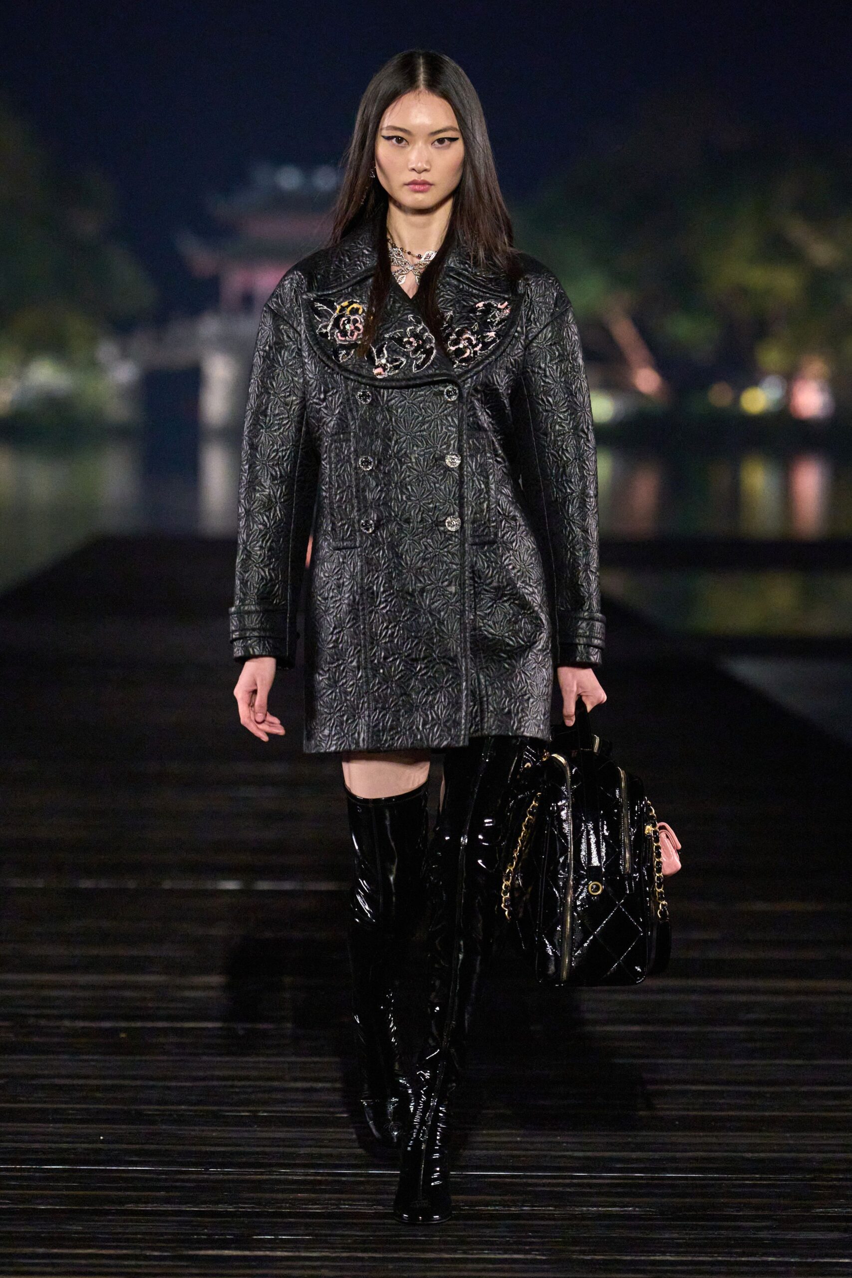 black leather coat with boots