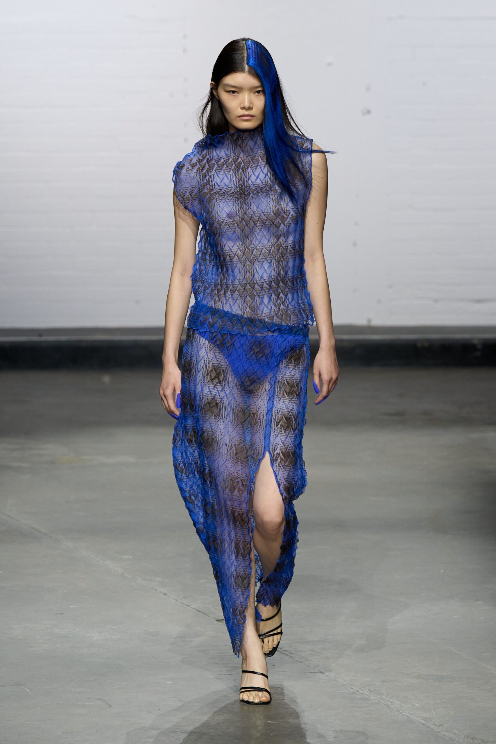 blue mesh sleeveless v-neck fitted layered sheer dress