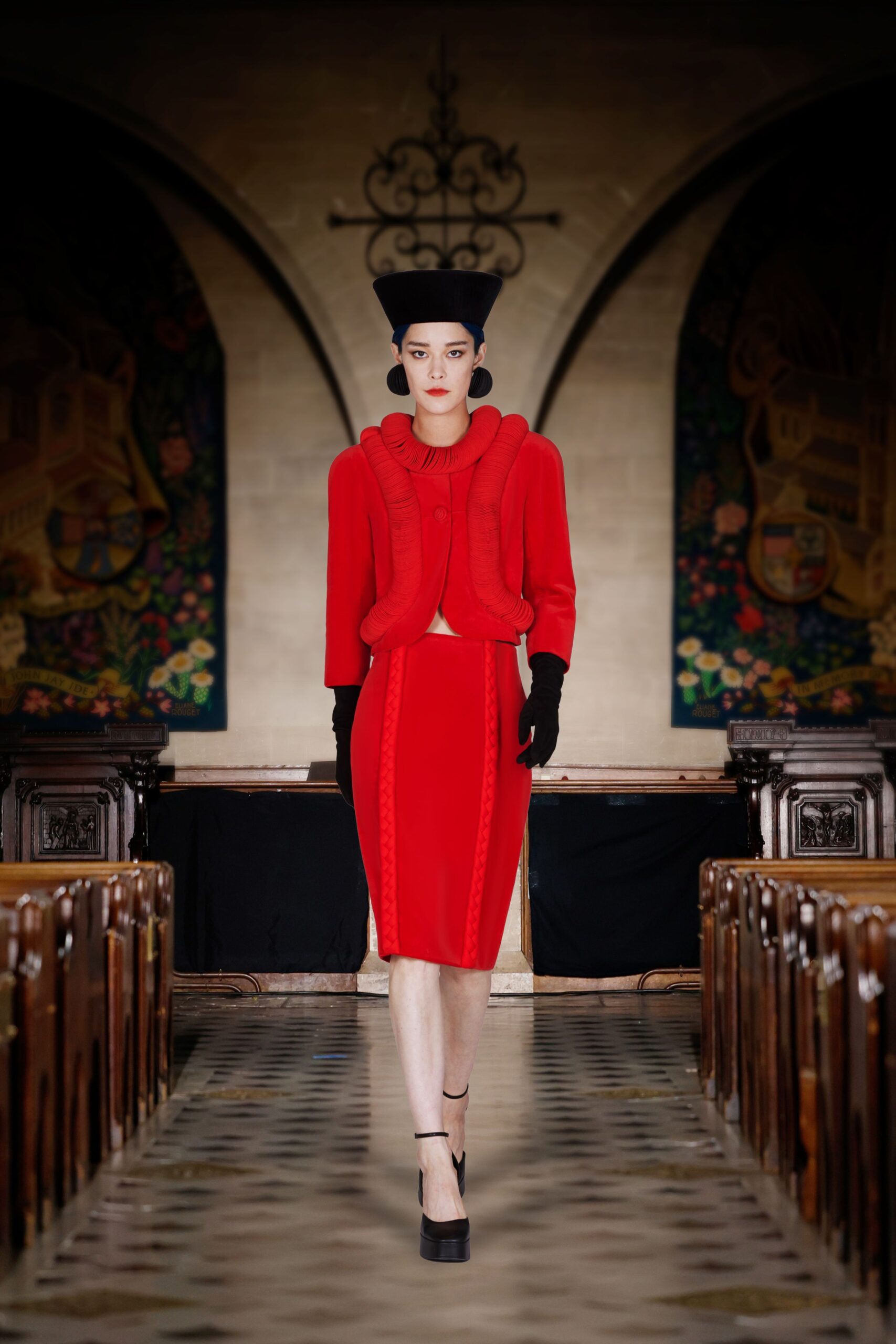 red wool short-sleeve collared fitted ruffled jacket