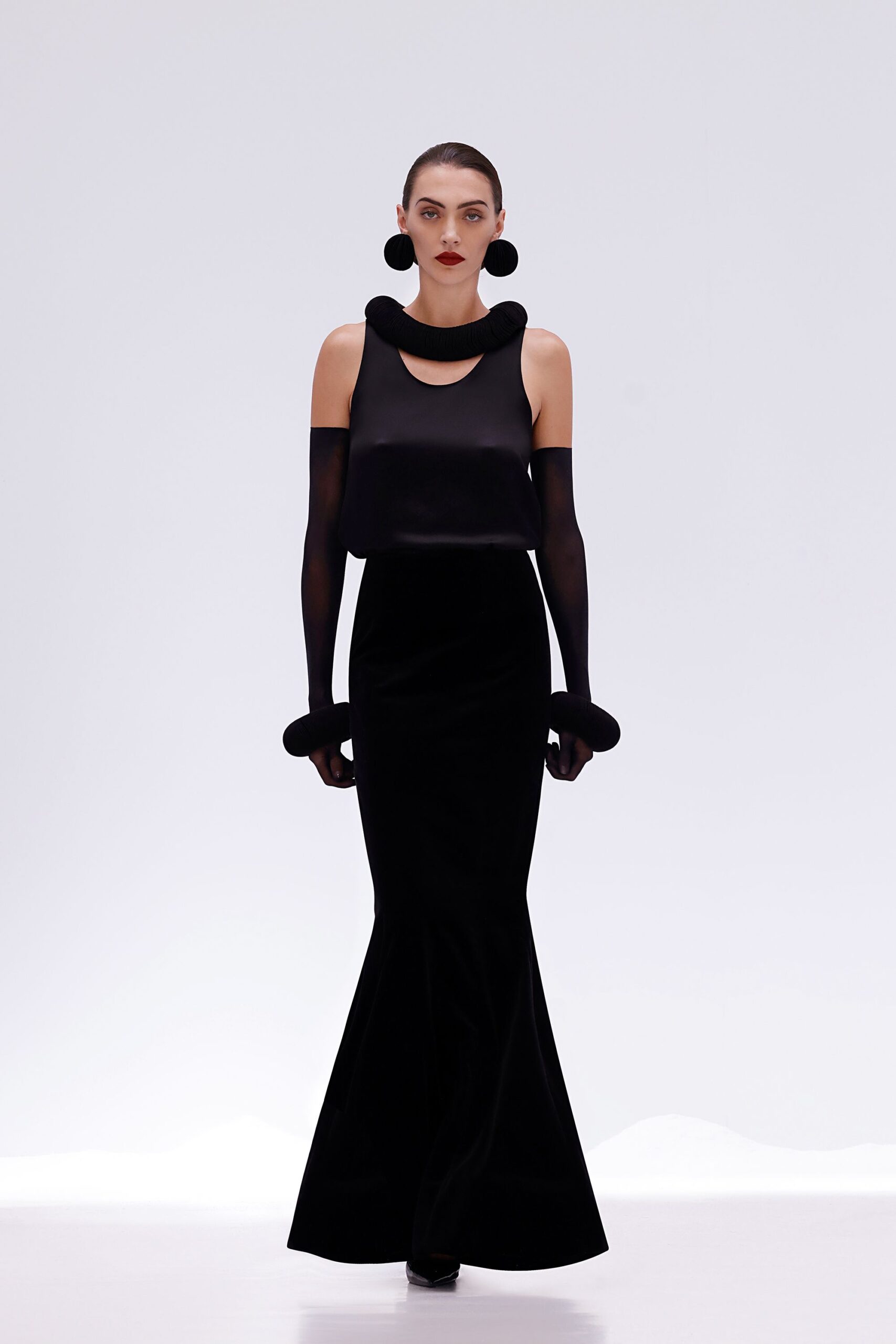 black velvet fitted top and skirt