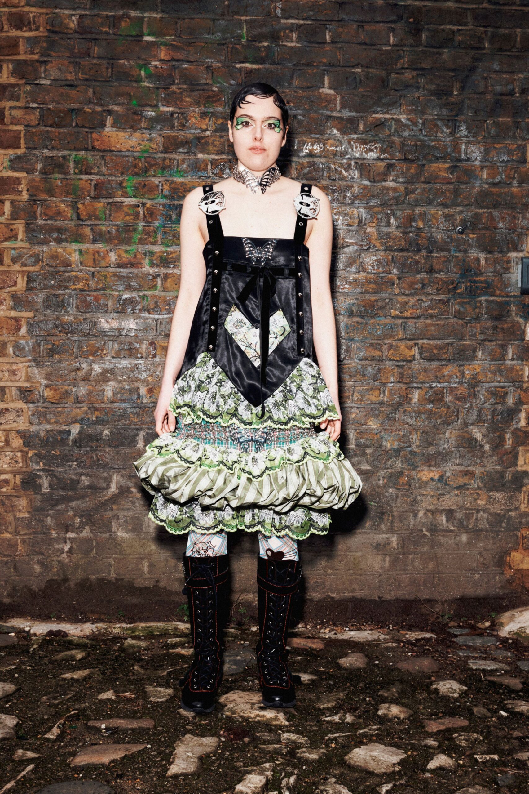 green cotton sleeveless v-neck fitted ruffled embroidered dress