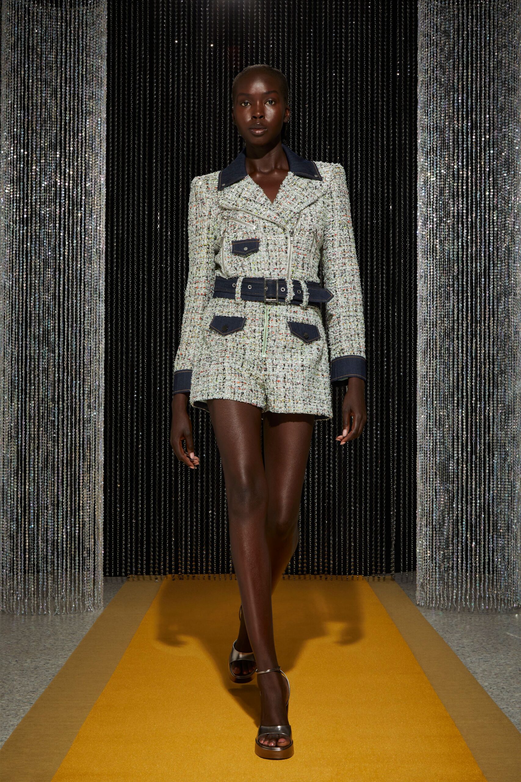 multi tweed long-sleeve collared fitted belted short blazer