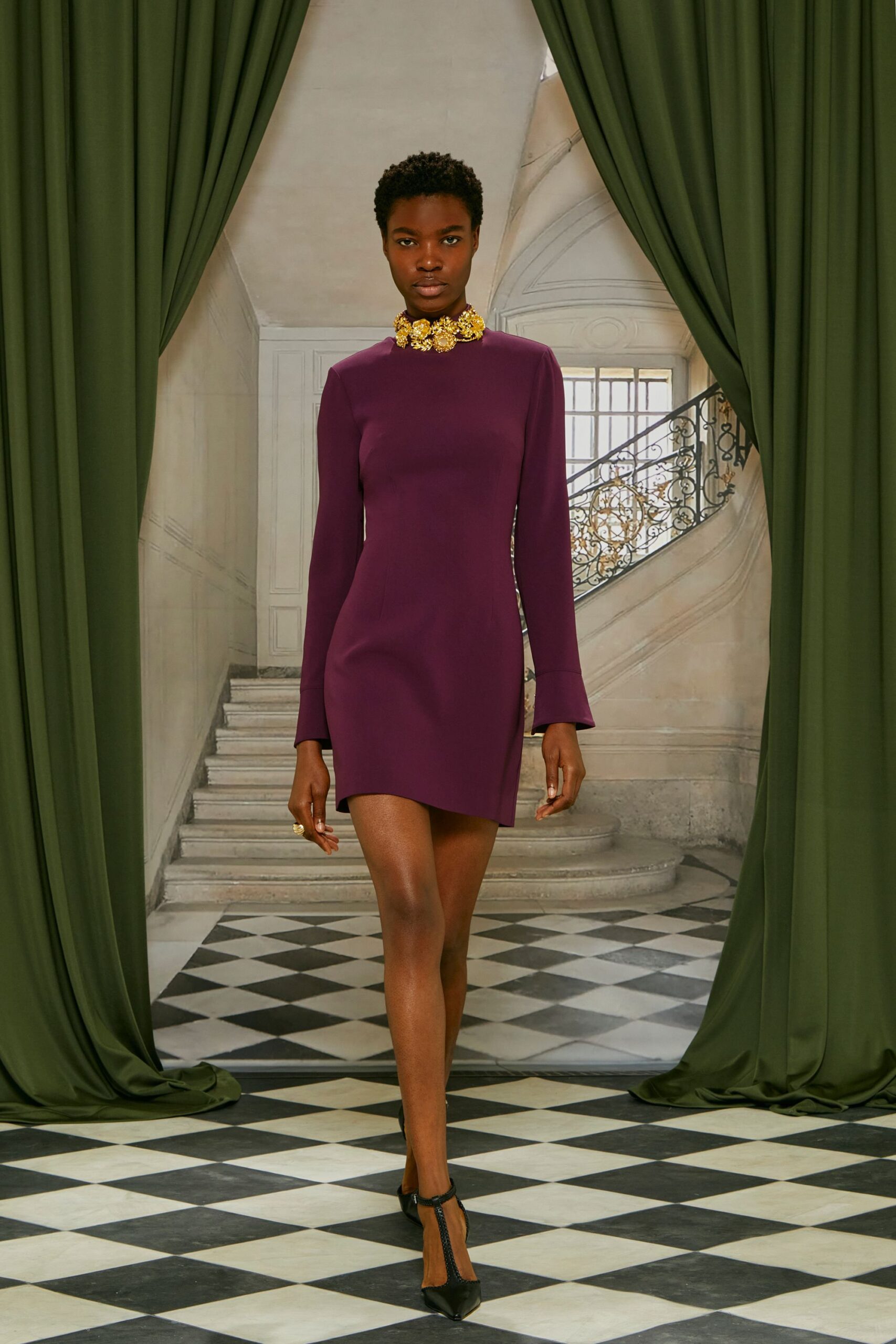purple cotton long-sleeve high-neck fitted mini mini-dress