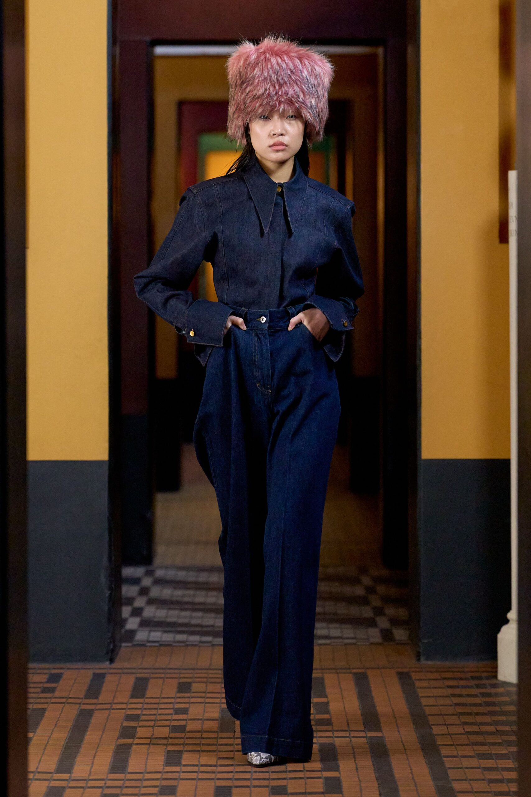 denim shirt and wide-leg pants