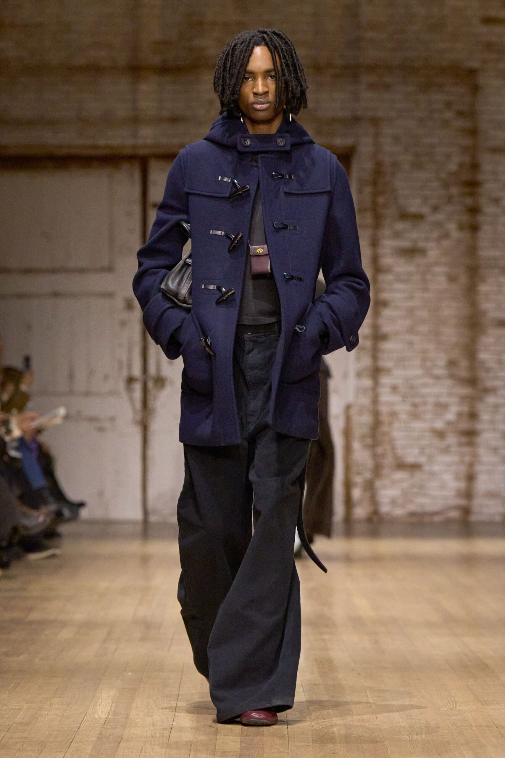blue wool long-sleeve collared relaxed buttoned coat